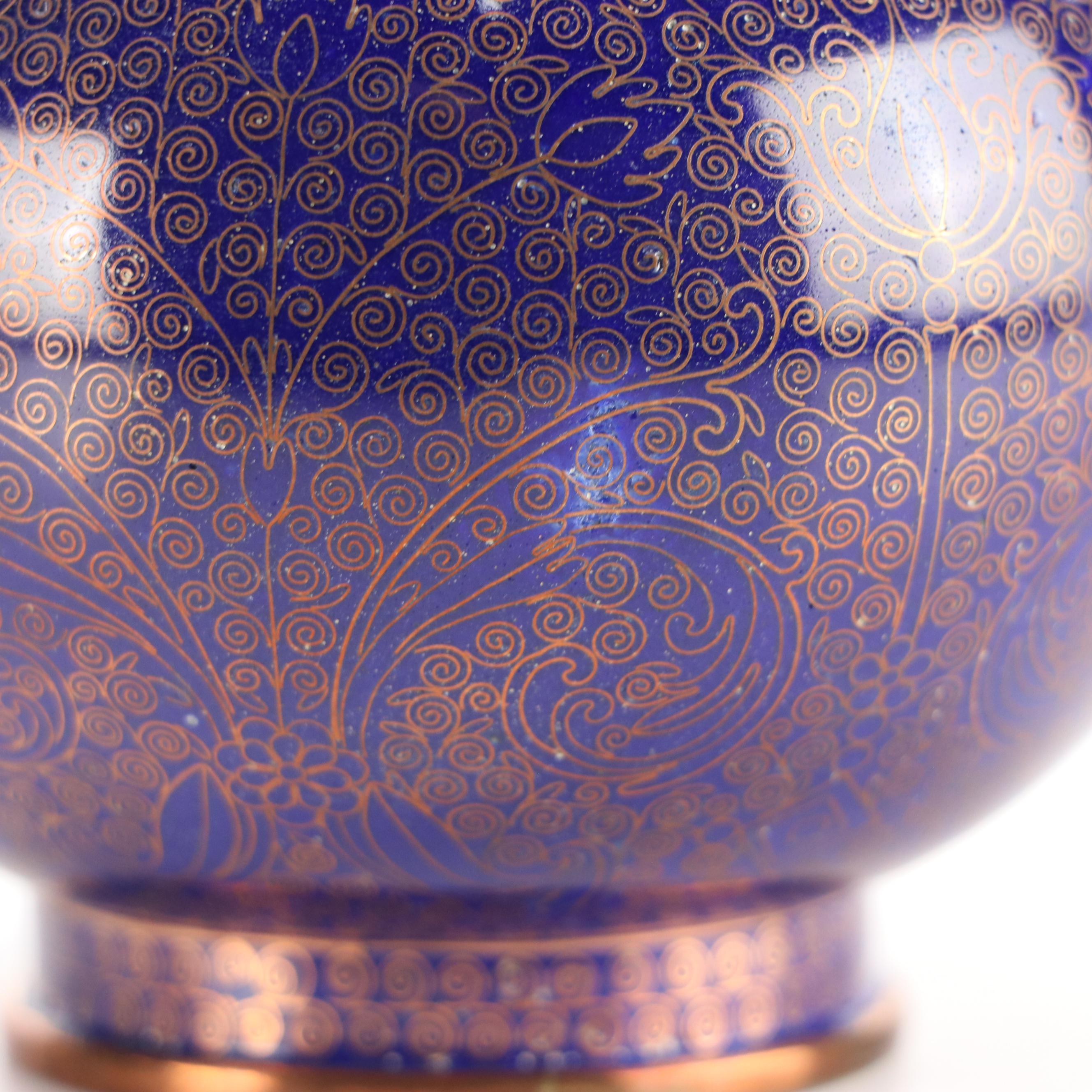 Chinese Blue Cloisonné Enameled Copper Bottle Vases