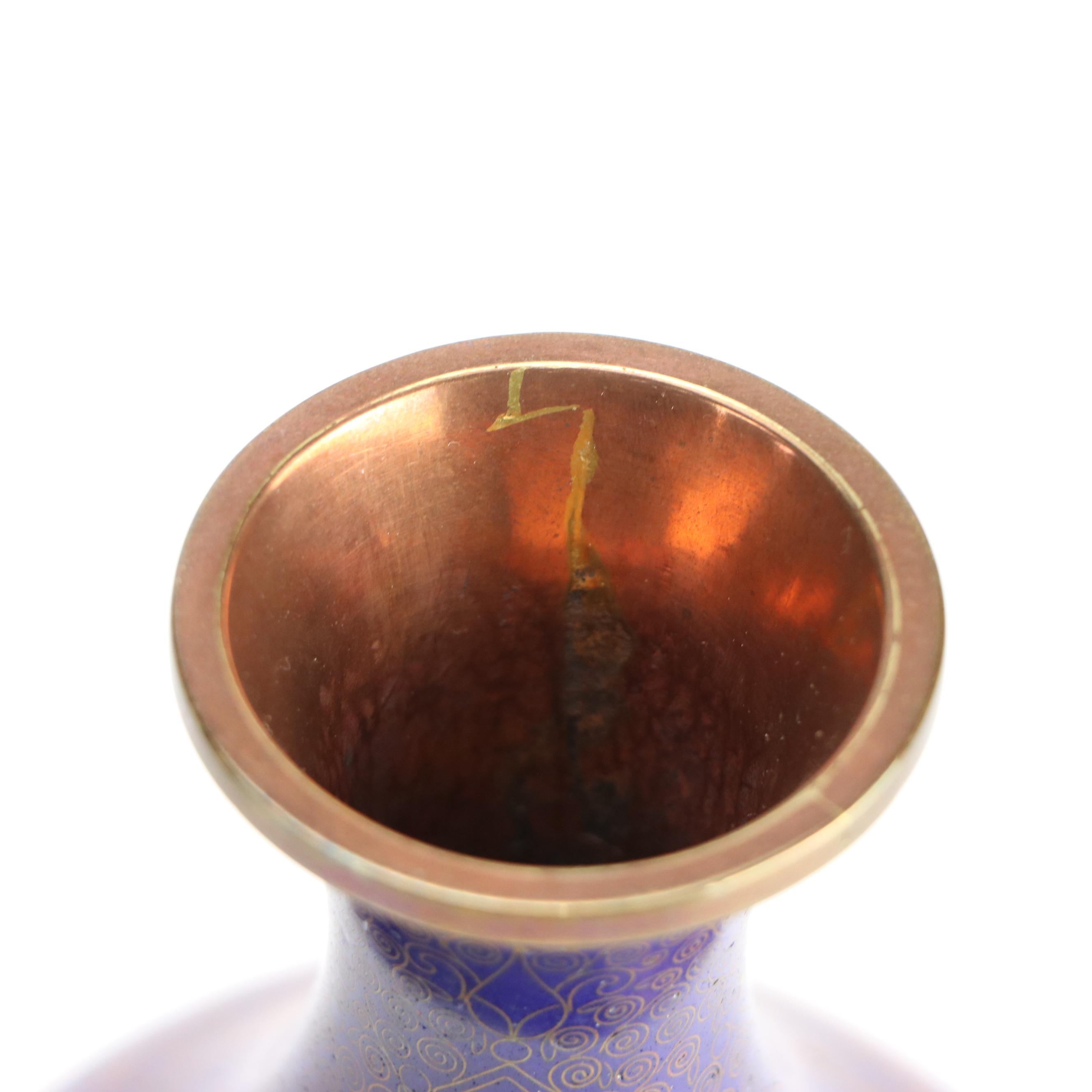 Chinese Blue Cloisonné Enameled Copper Bottle Vases