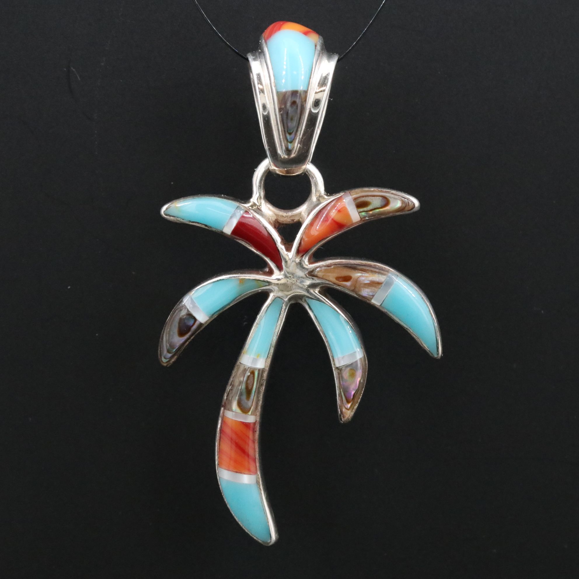 Sterling Inlay Palm Tree Pendant Feat Mother of Pearl, Abalone, Faux Turquoise
