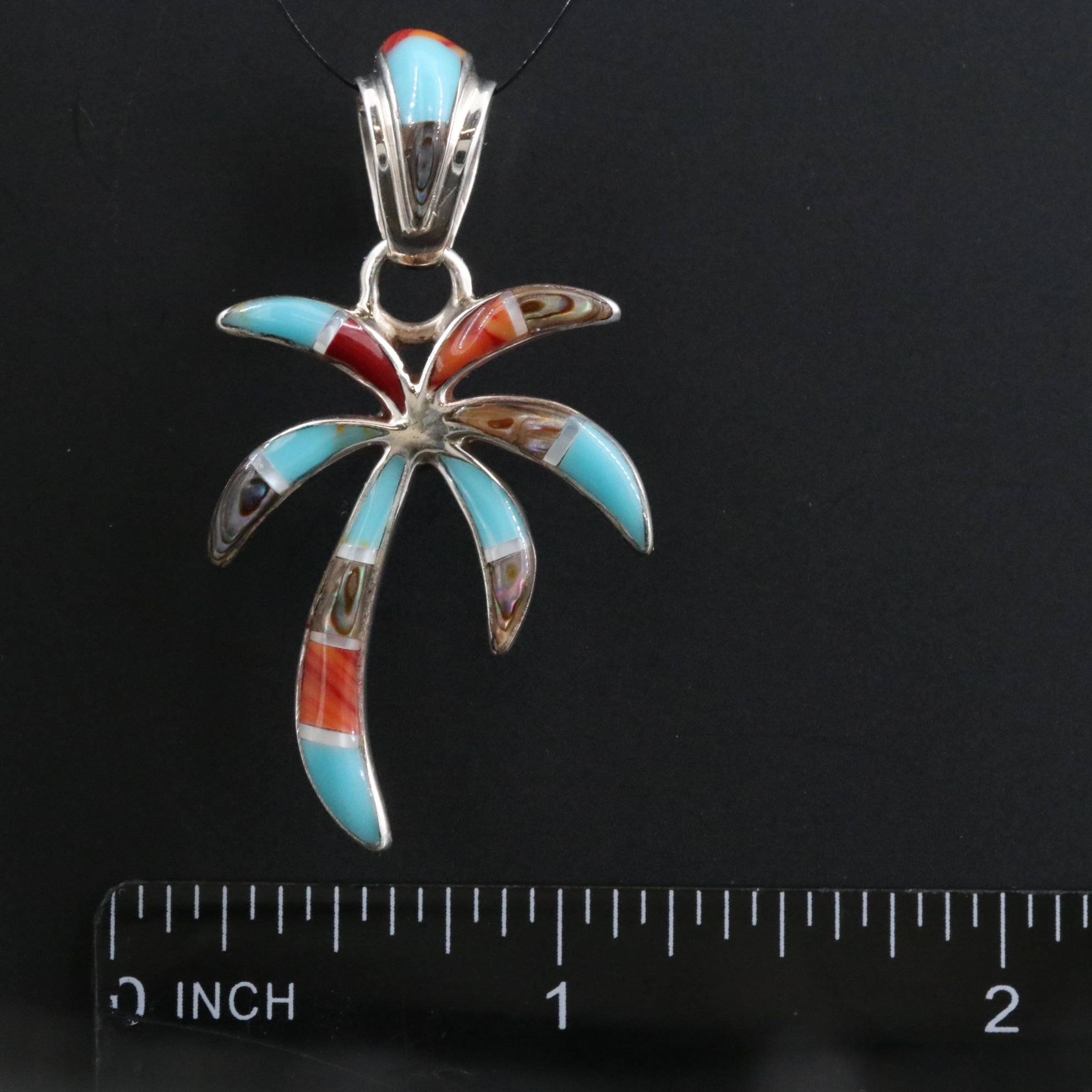 Sterling Inlay Palm Tree Pendant Feat Mother of Pearl, Abalone, Faux Turquoise