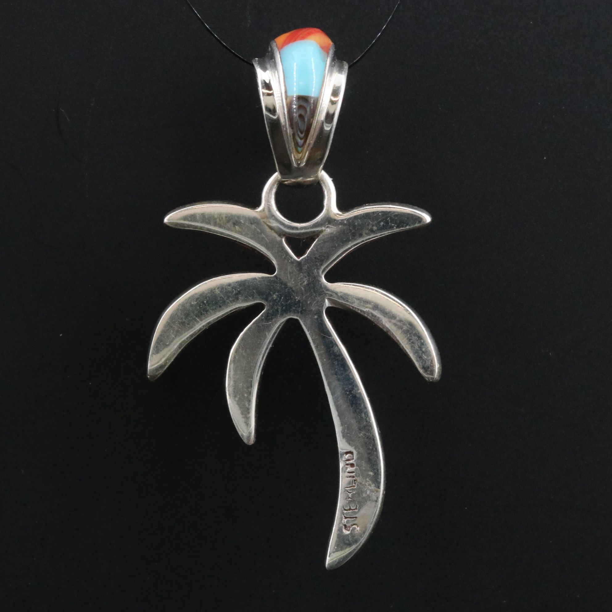 Sterling Inlay Palm Tree Pendant Feat Mother of Pearl, Abalone, Faux Turquoise