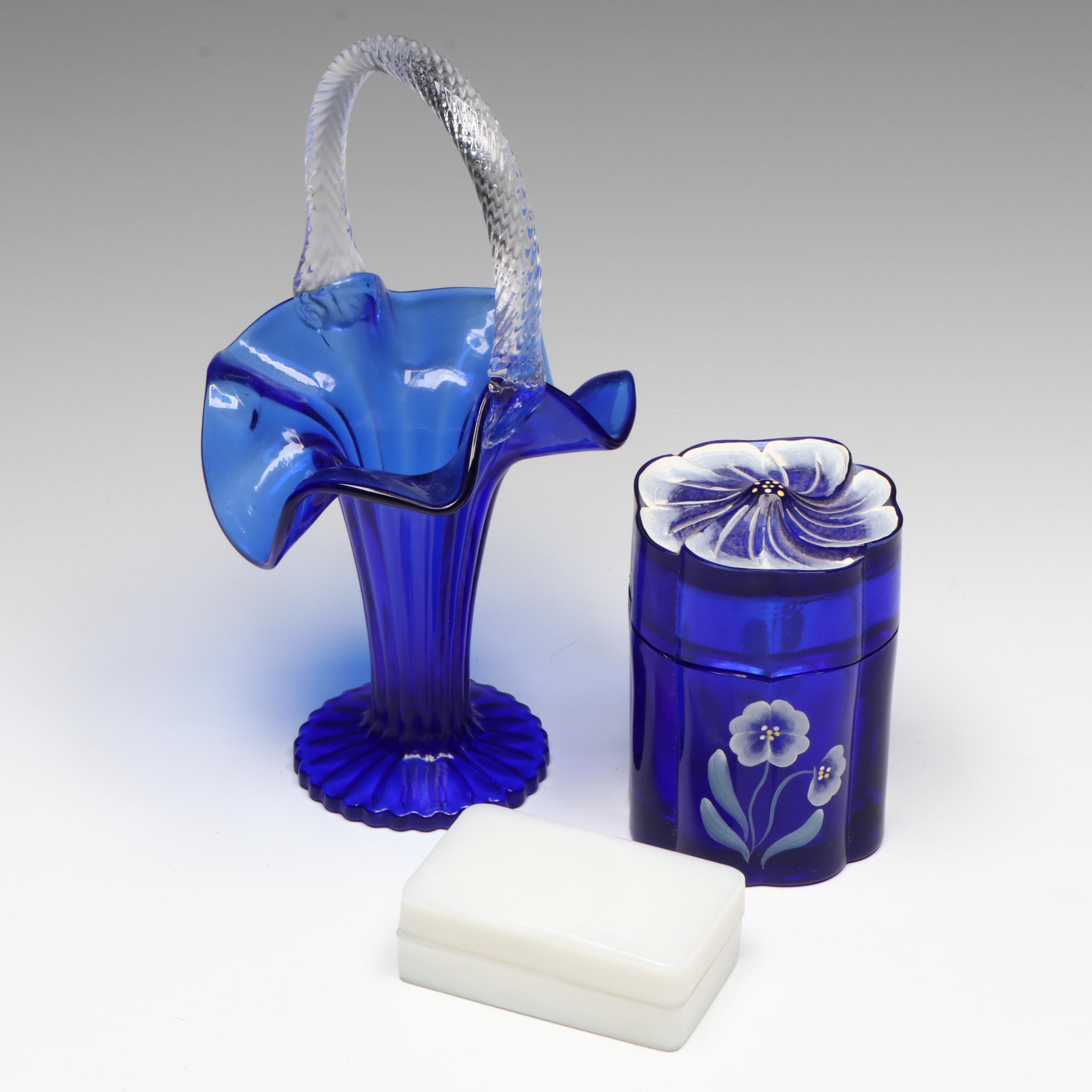 Fenton Cobalt Blue Basket Vase, Hand-Painted Box and Cream Jar