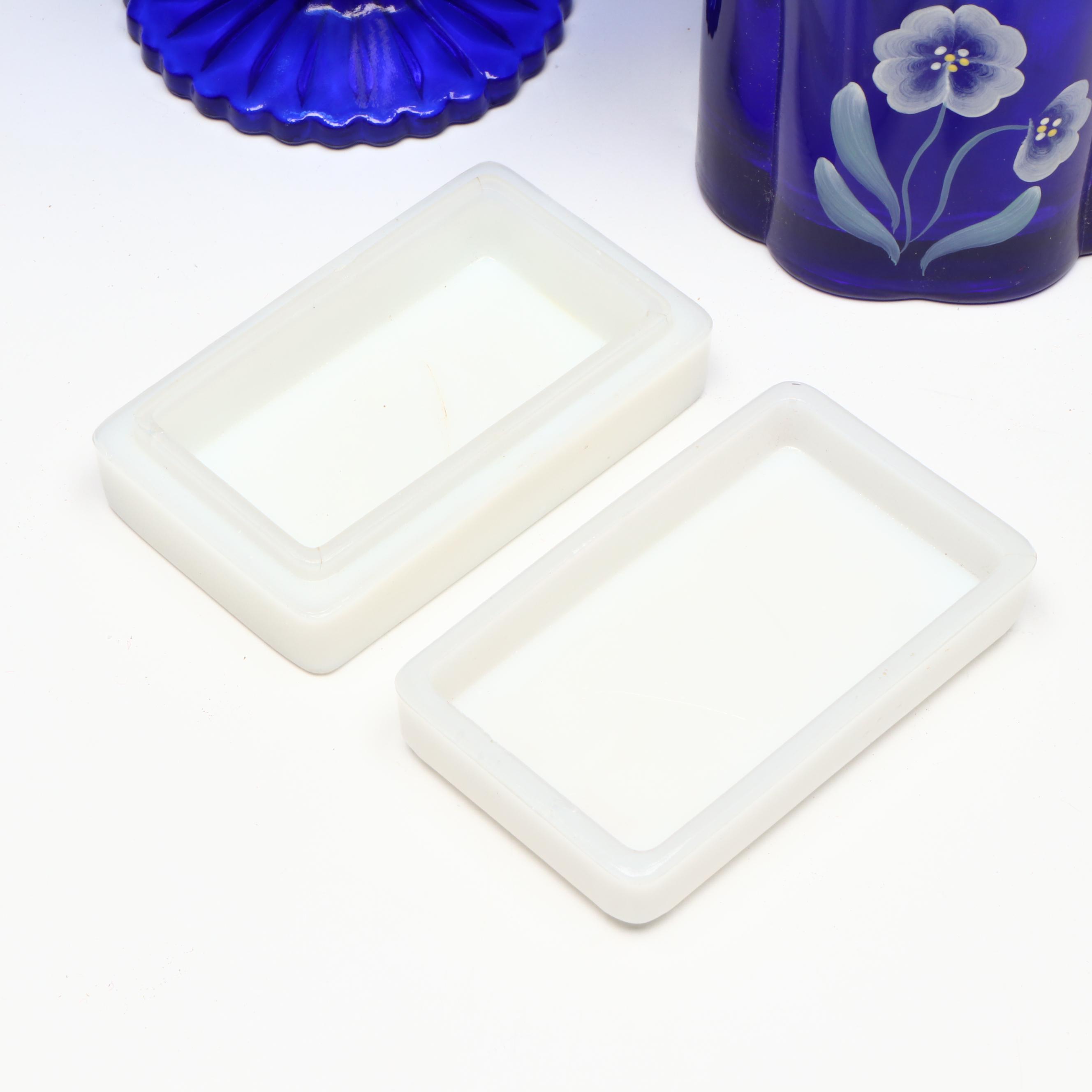 Fenton Cobalt Blue Basket Vase, Hand-Painted Box and Cream Jar