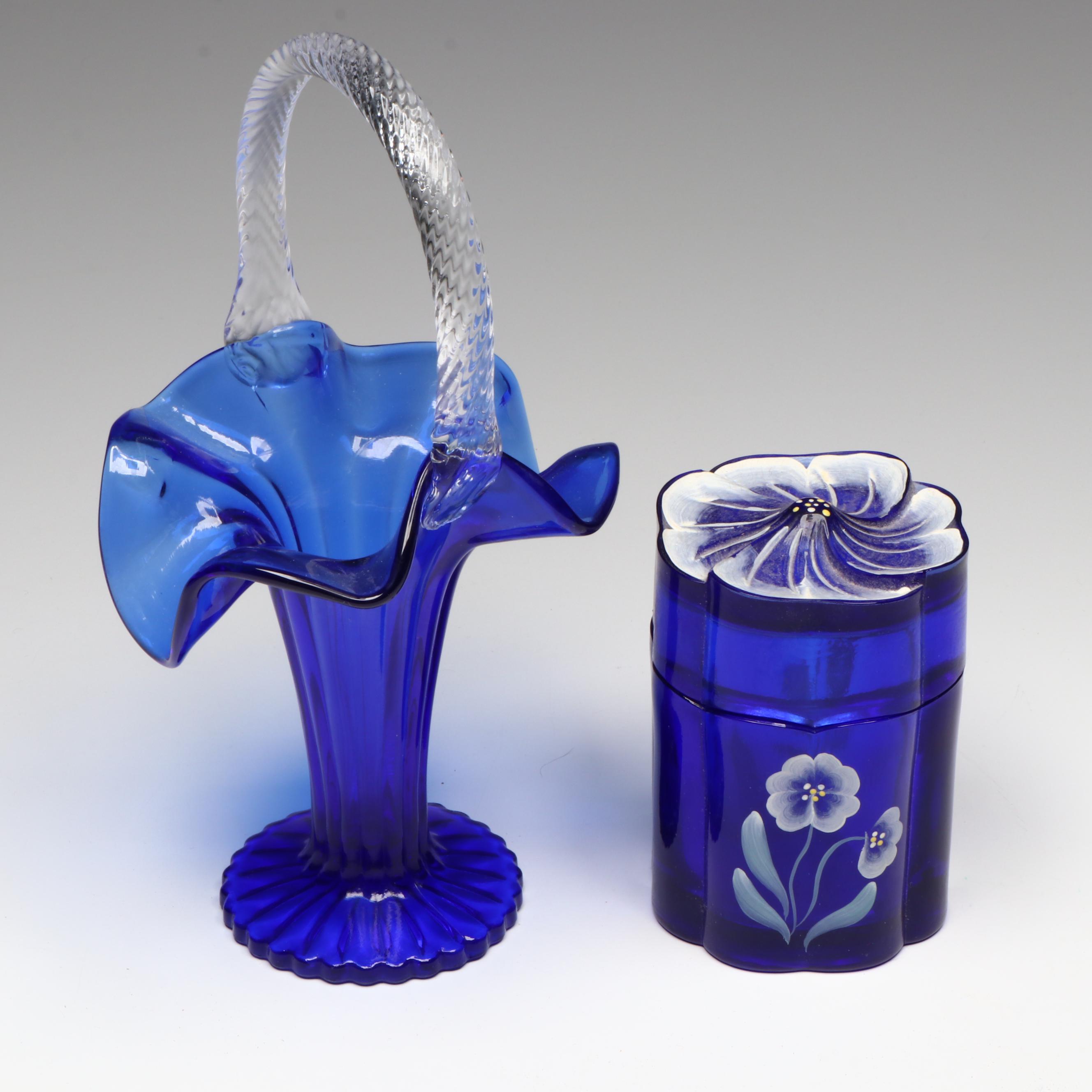 Fenton Cobalt Blue Basket Vase, Hand-Painted Box and Cream Jar