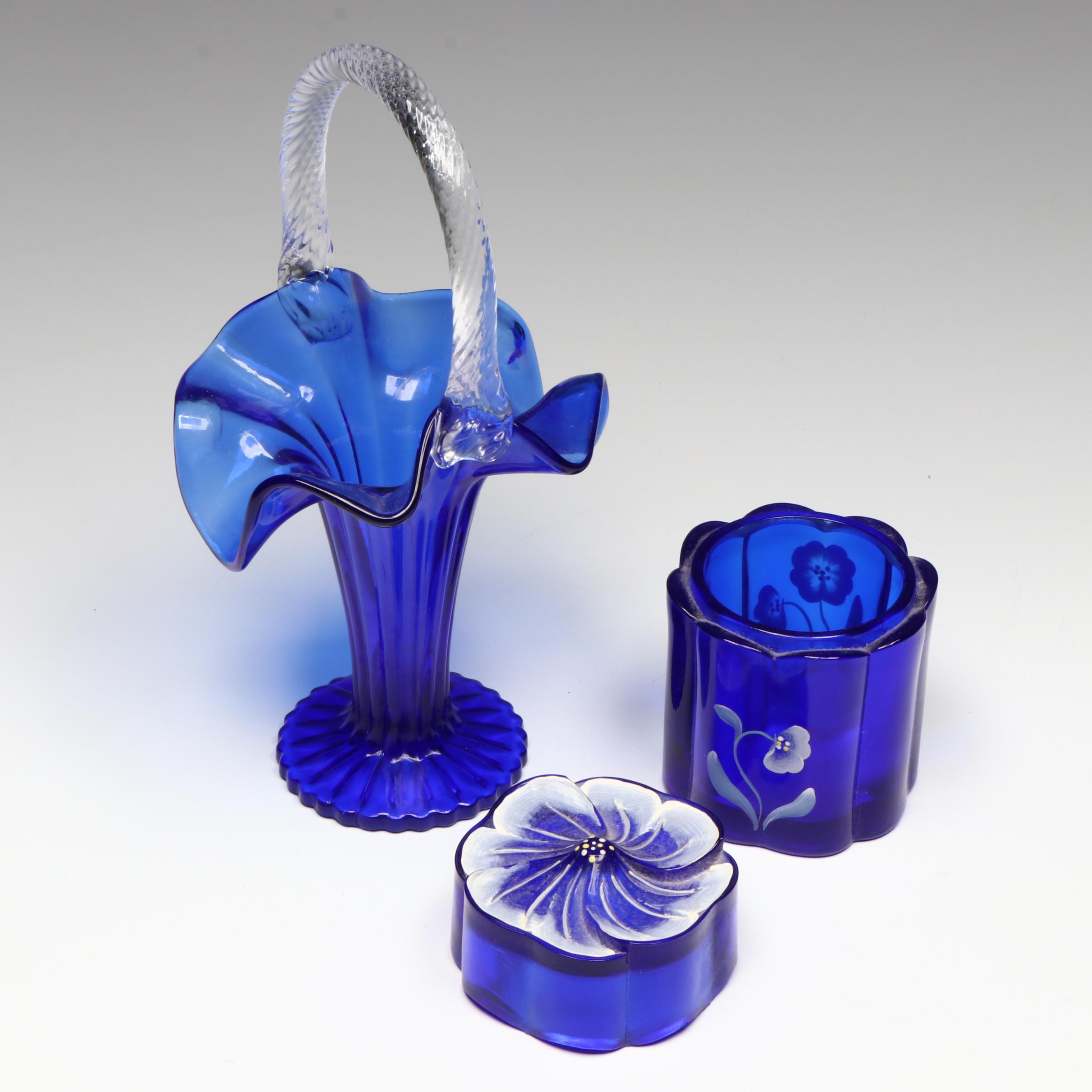 Fenton Cobalt Blue Basket Vase, Hand-Painted Box and Cream Jar
