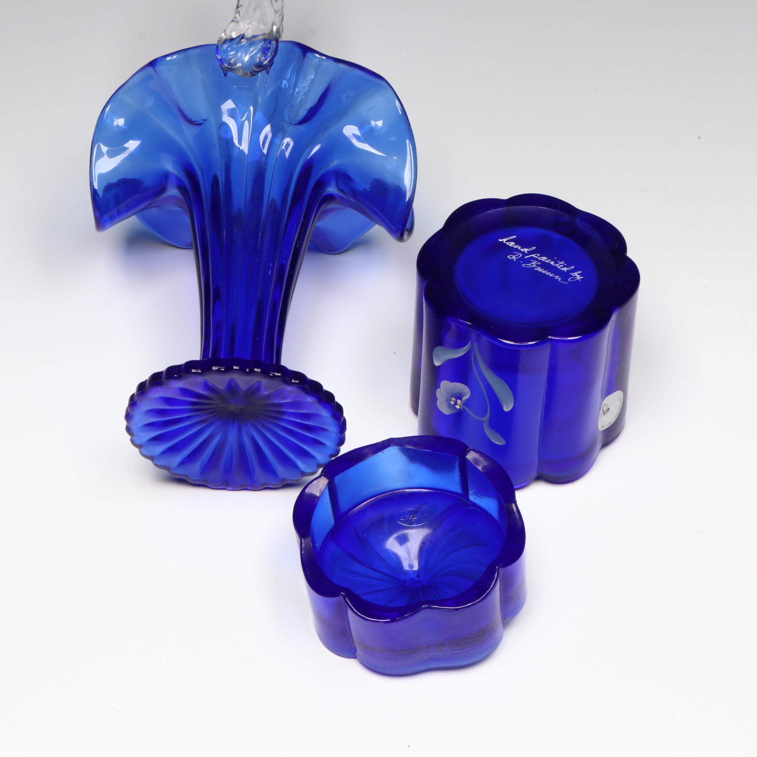 Fenton Cobalt Blue Basket Vase, Hand-Painted Box and Cream Jar