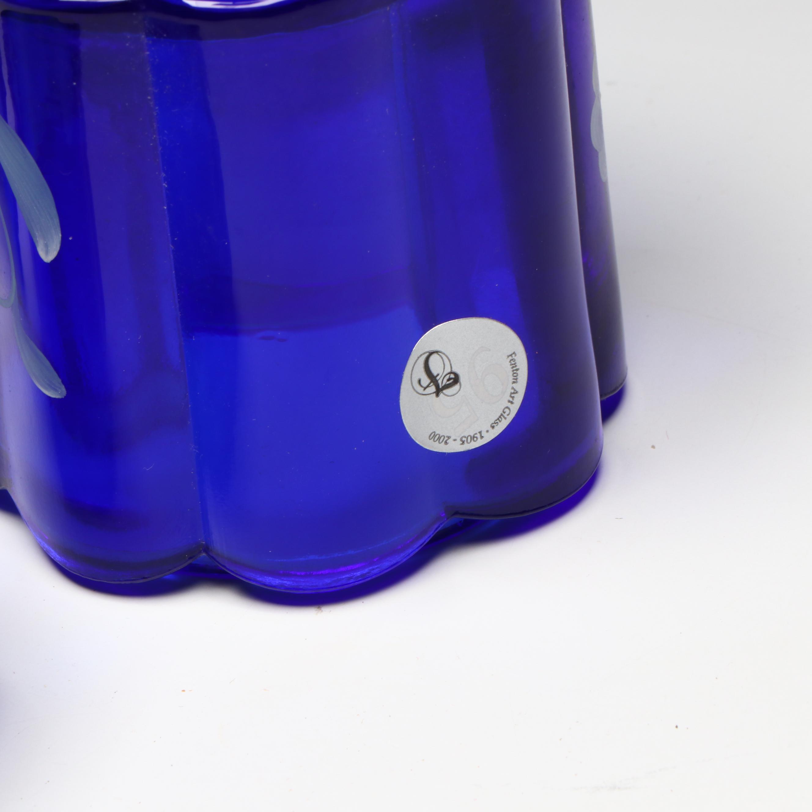 Fenton Cobalt Blue Basket Vase, Hand-Painted Box and Cream Jar