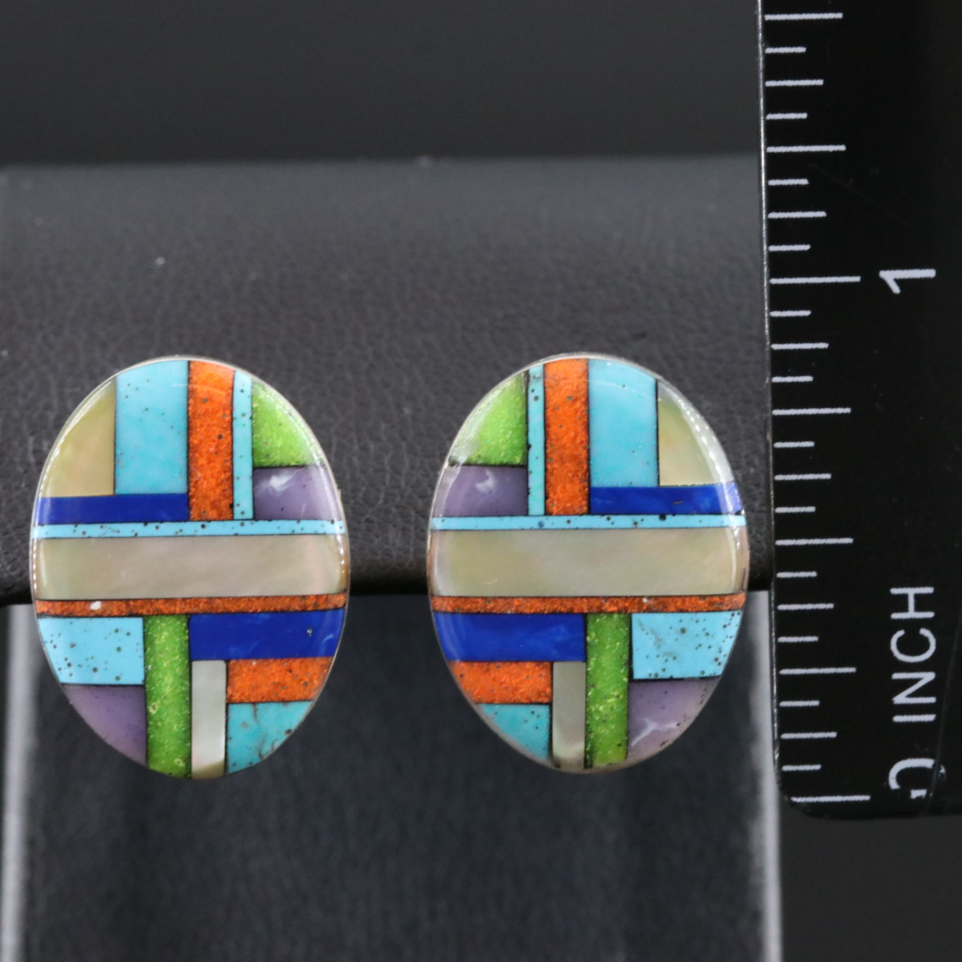 Sterling Inlay Earrings Featuring Mother of Pearl, Lapis Lazuli, Faux Turquoise