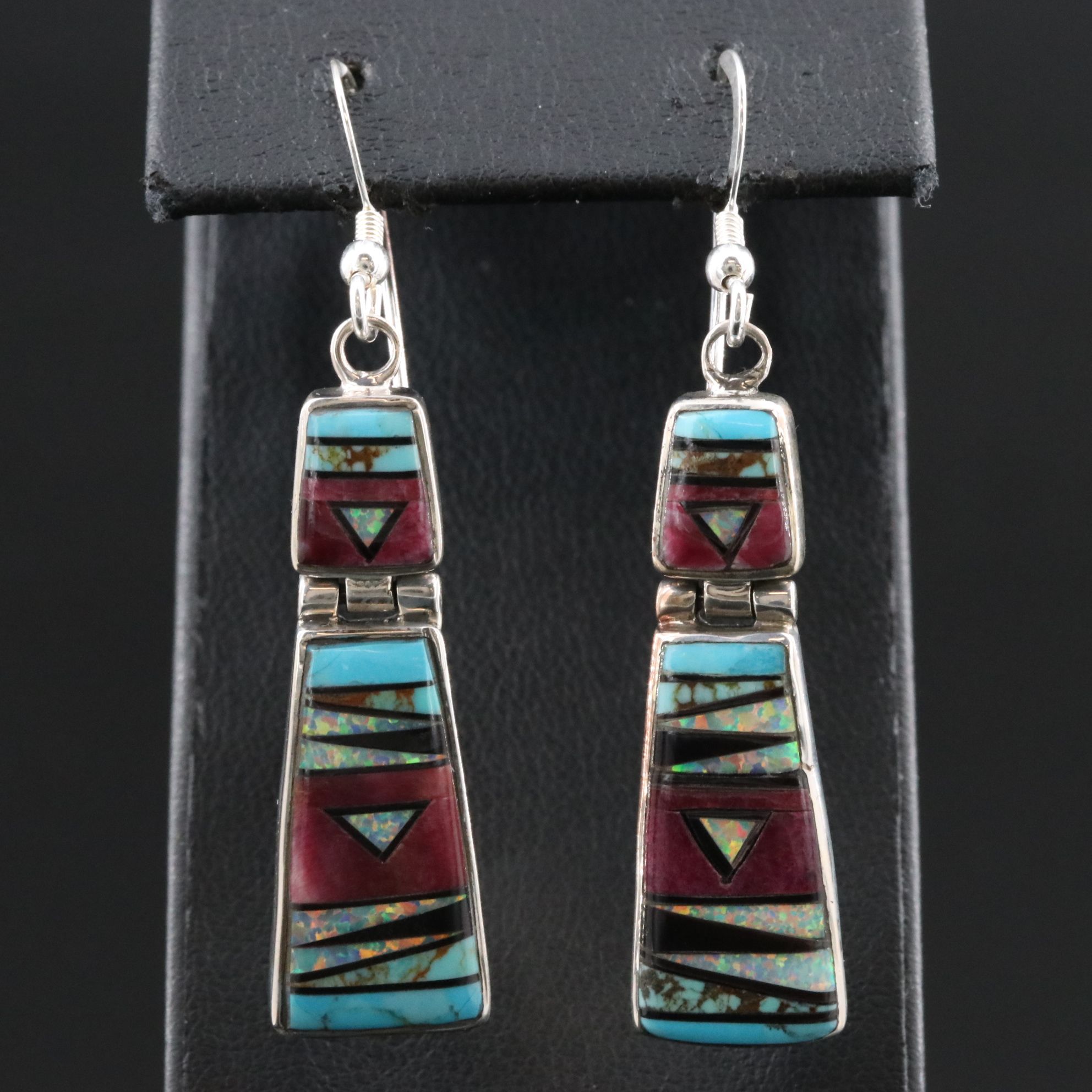 Sterling Inlay Earrings Featuring Spiny Oyster, Opal, and Turquoise