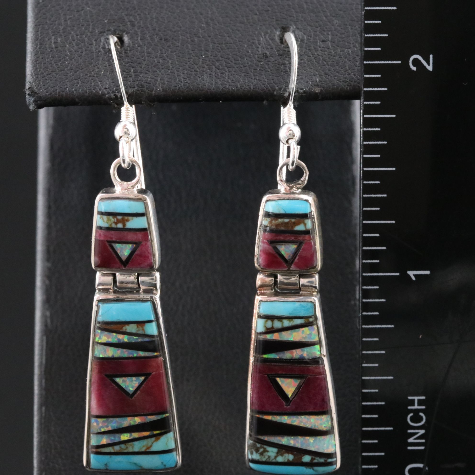 Sterling Inlay Earrings Featuring Spiny Oyster, Opal, and Turquoise