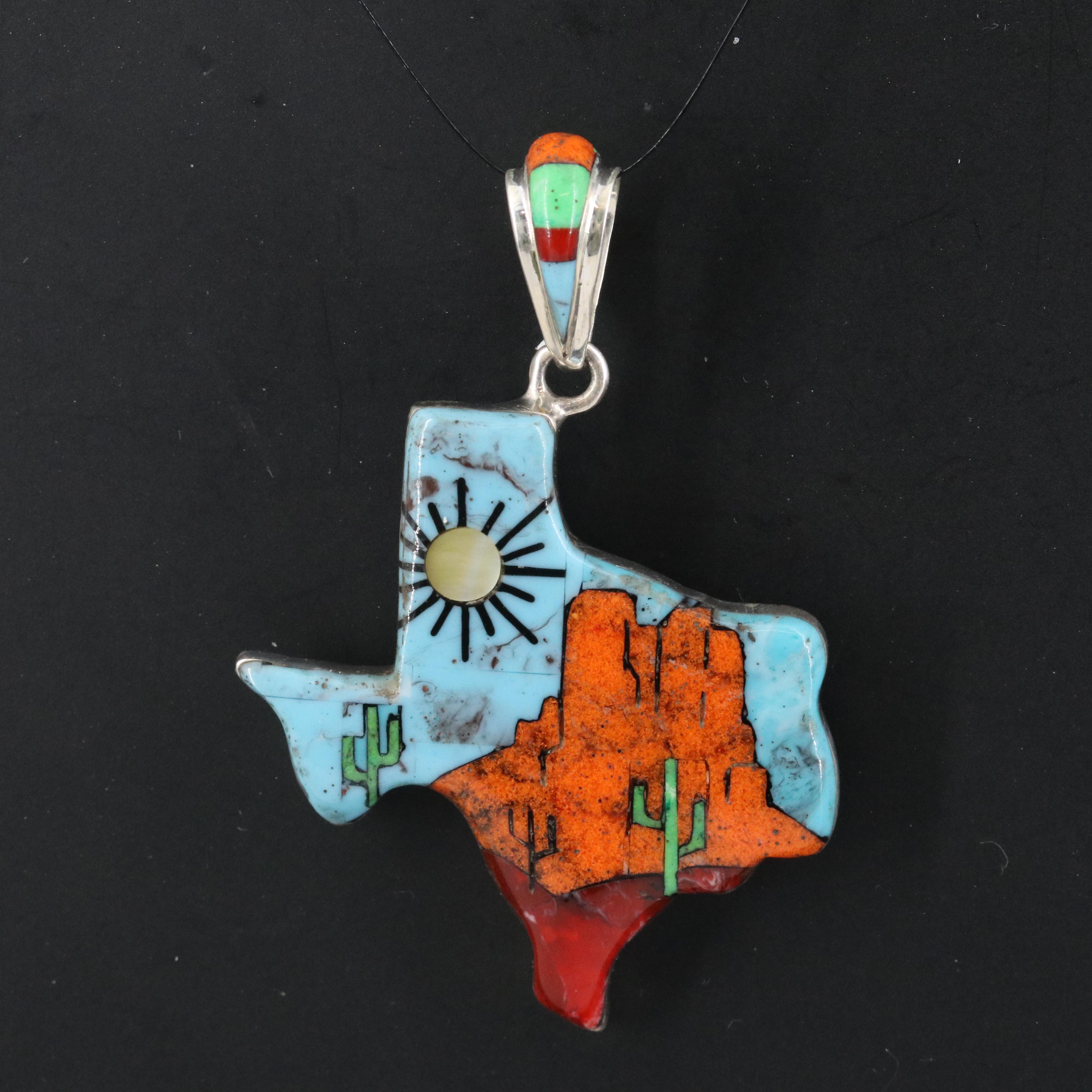 Sterling Mother-of-Pearl and Enamel Texas Landscape Pendant