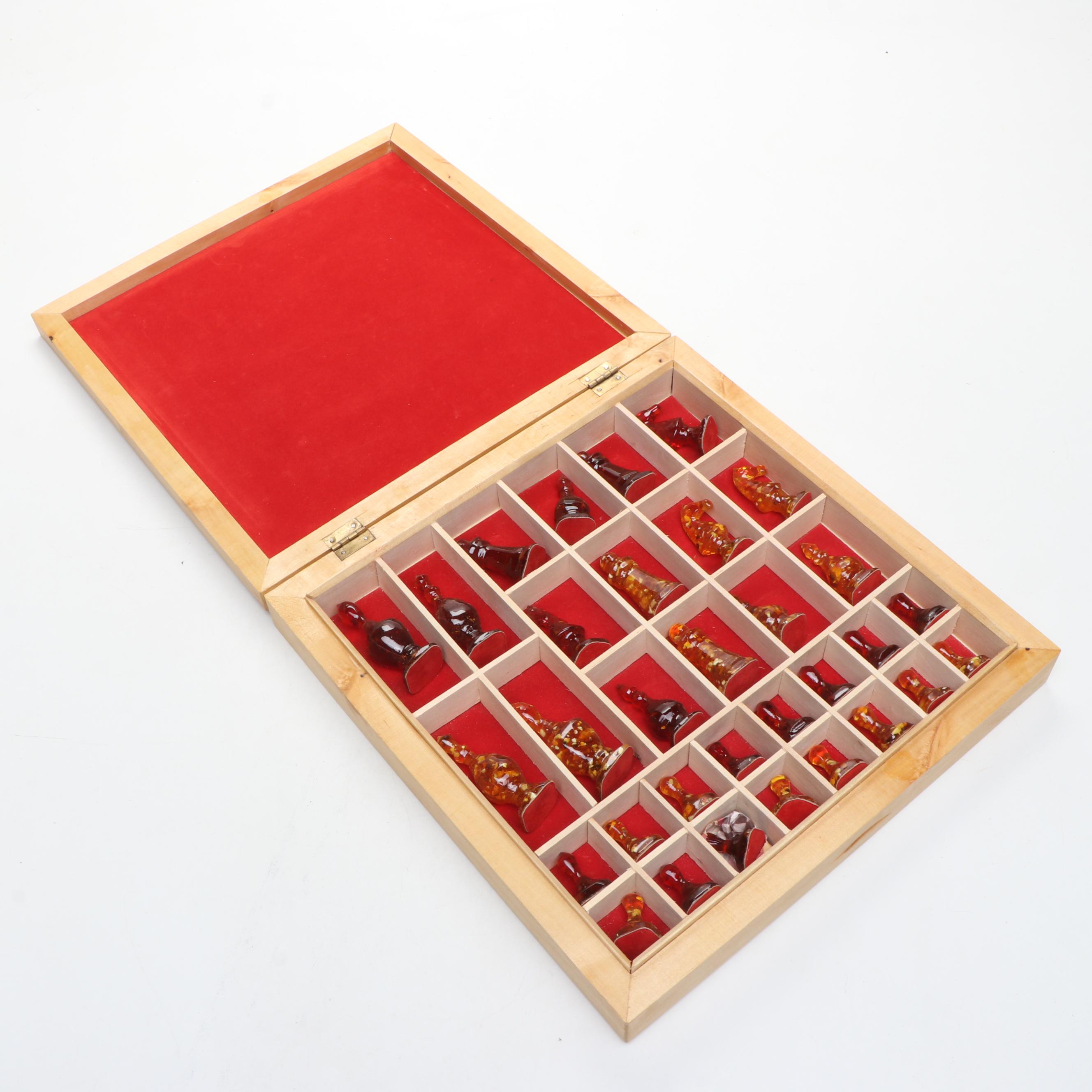 Wooden Chess Board with Black and Amber Resin Pieces