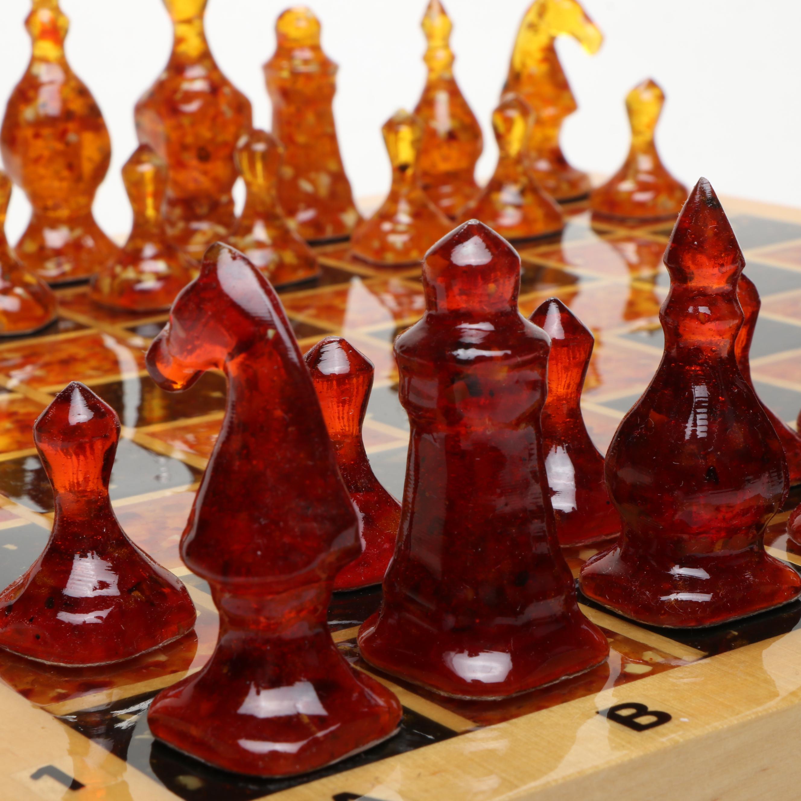 Wooden Chess Board with Black and Amber Resin Pieces