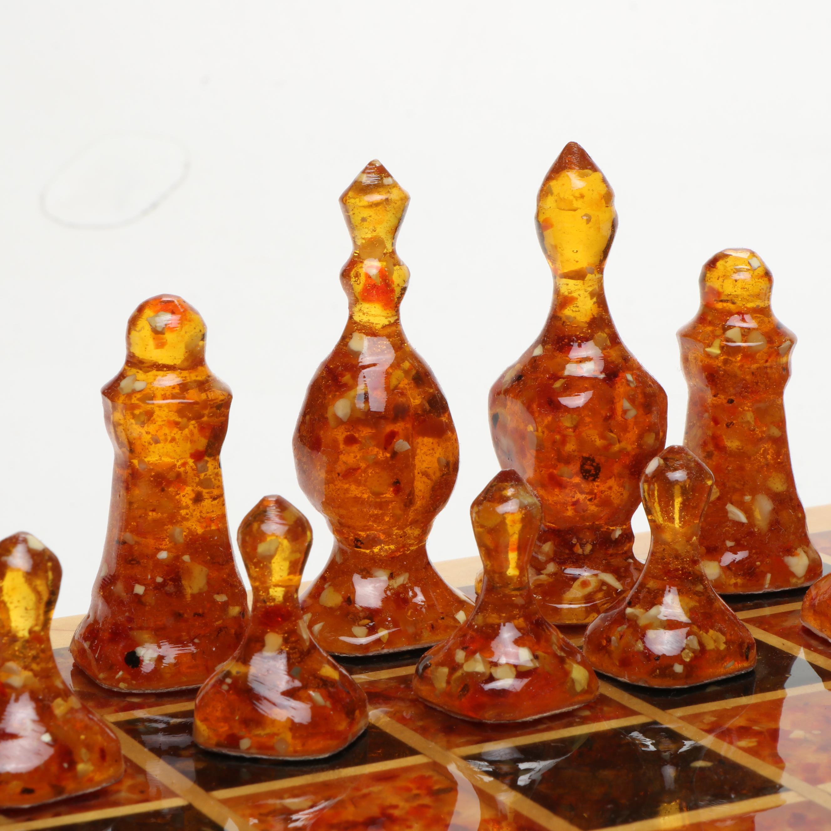 Wooden Chess Board with Black and Amber Resin Pieces