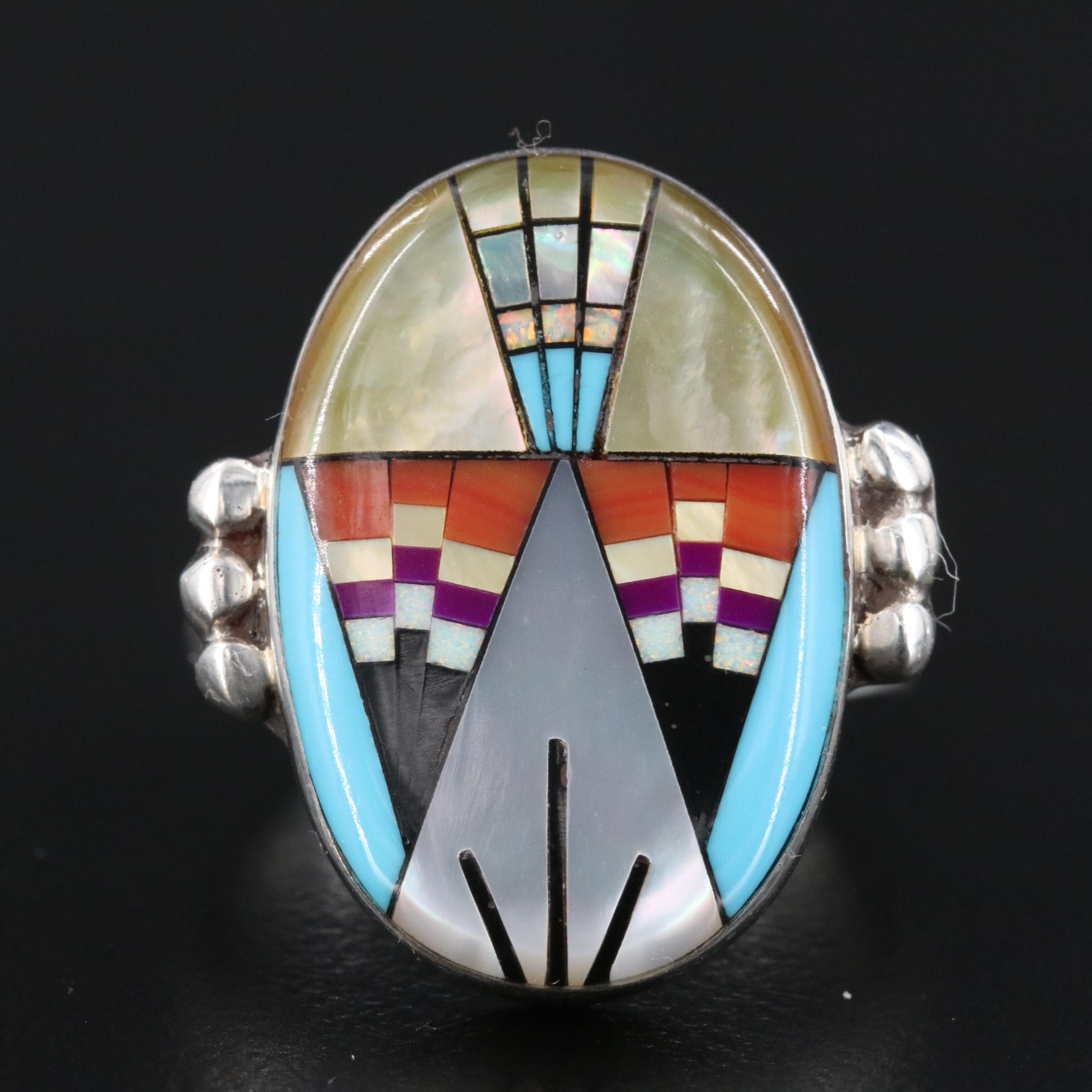 Western Style Sterling Opal and Mother-of-Pearl Ring
