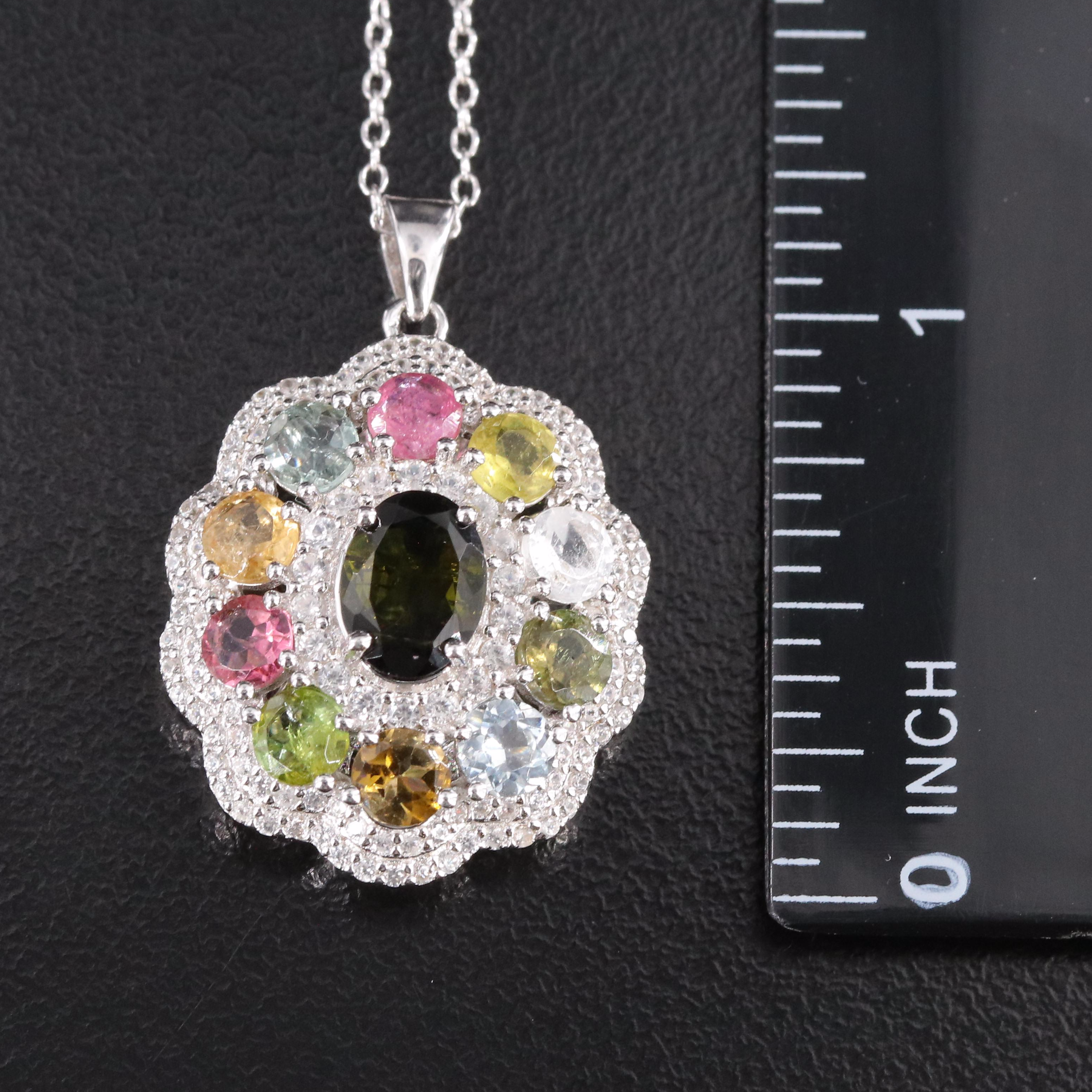Sterling Tourmaline, Zircon and Aquamarine Pendant Necklace