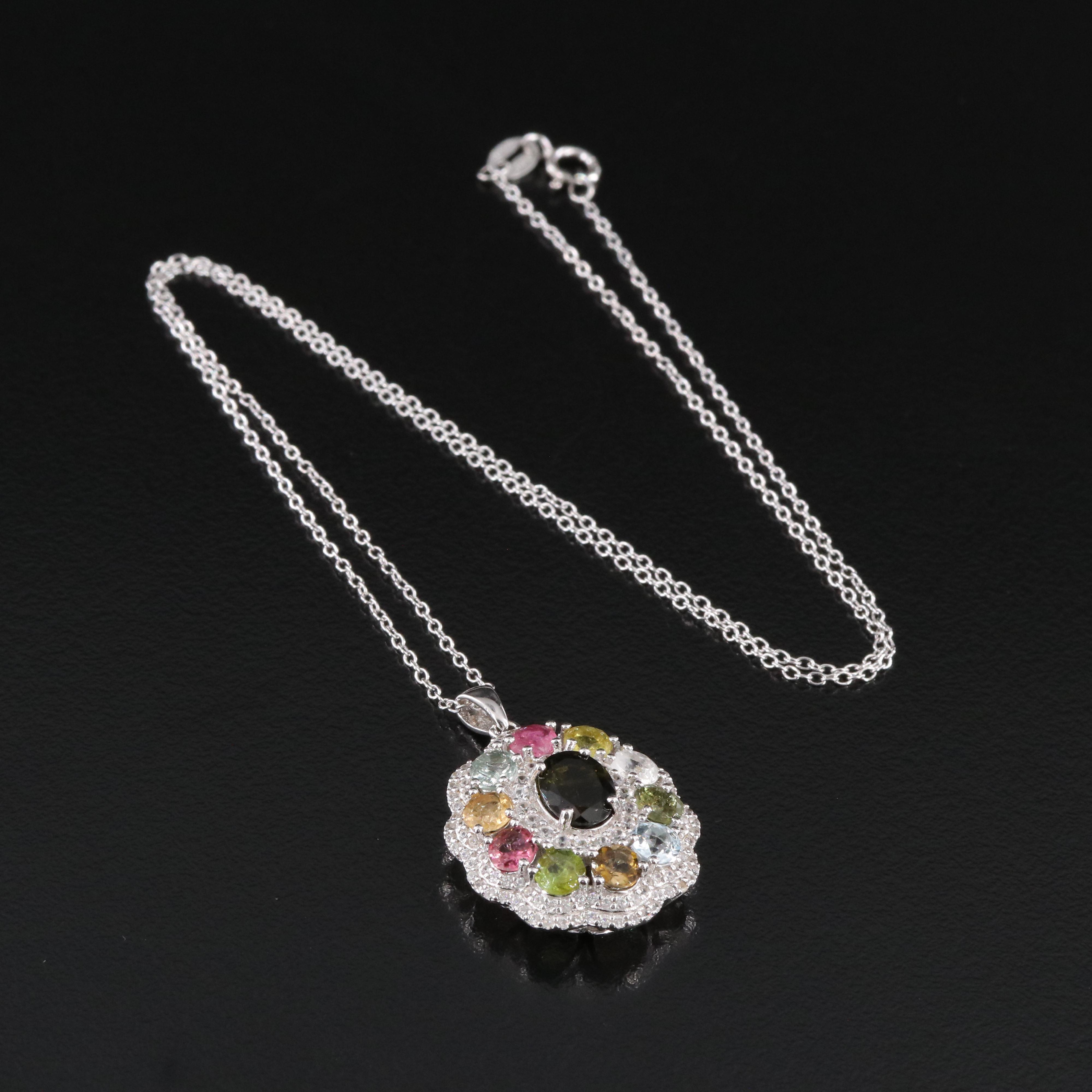 Sterling Tourmaline, Zircon and Aquamarine Pendant Necklace