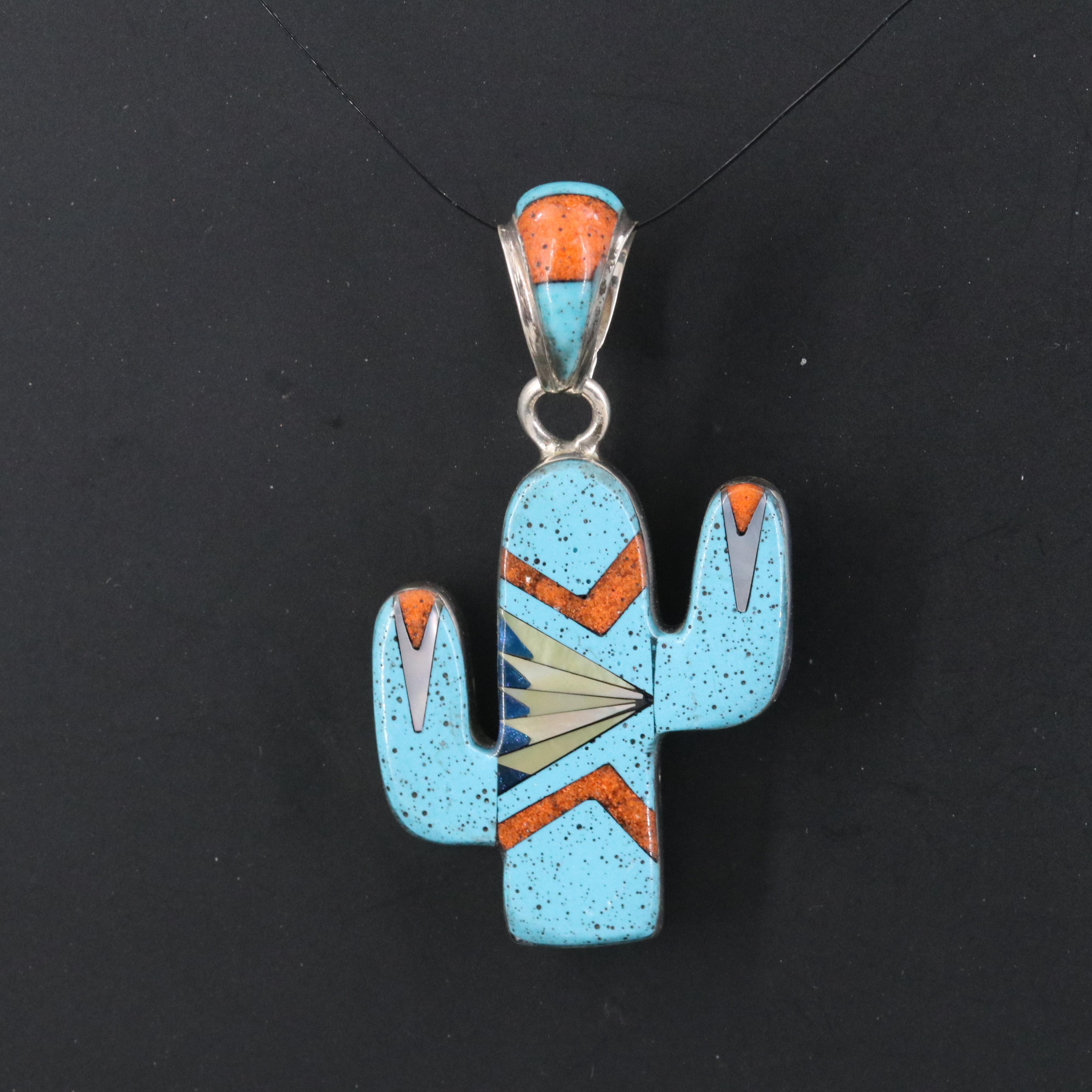Western Style Sterling Mother-of-Pearl and Enamel Cactus Pendant