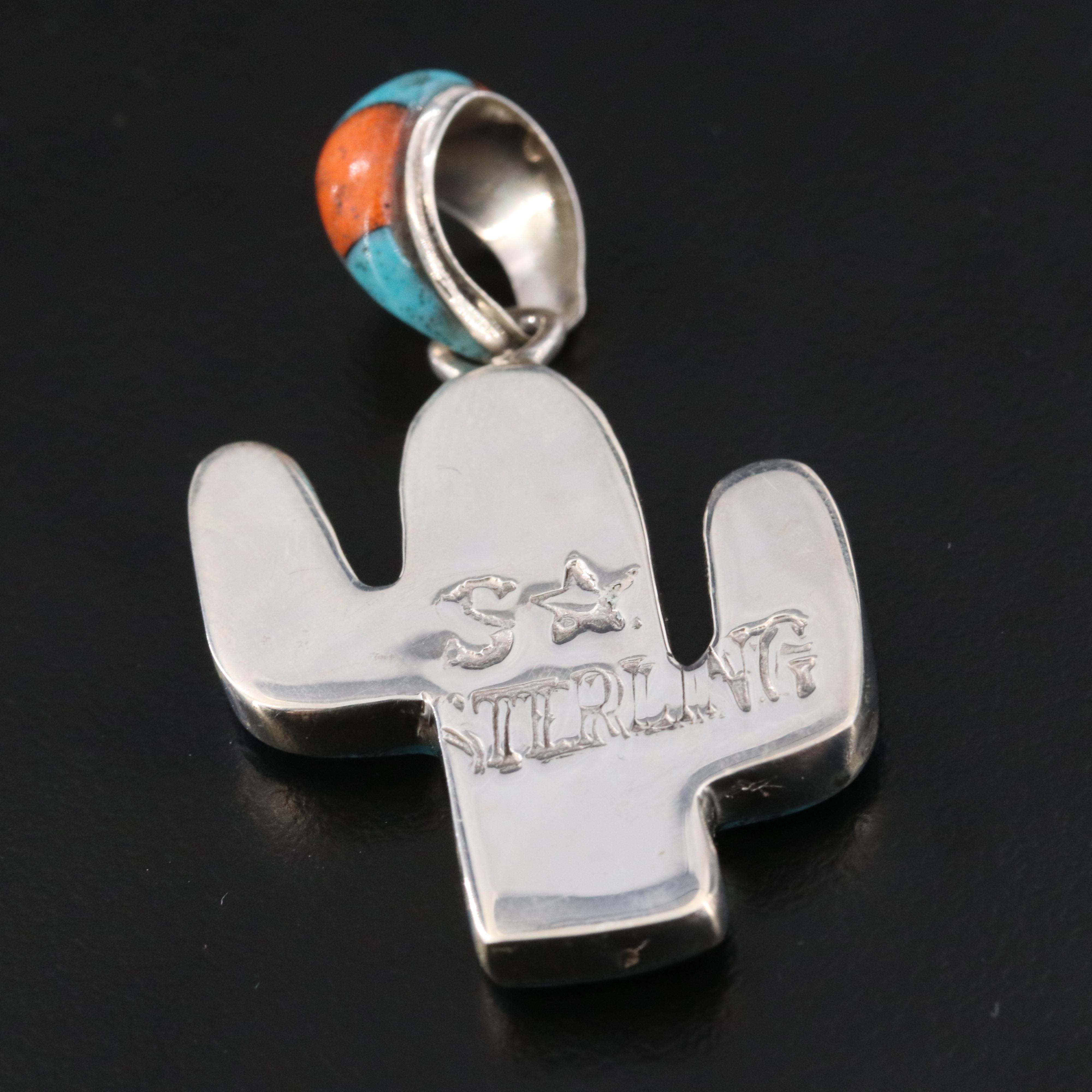 Western Style Sterling Mother-of-Pearl and Enamel Cactus Pendant