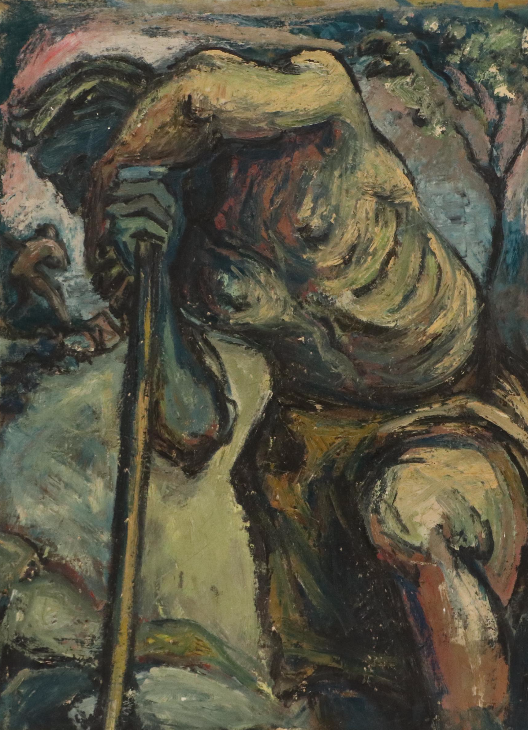 Modernist Painting of Workers in Landscape, Mid-20th Century