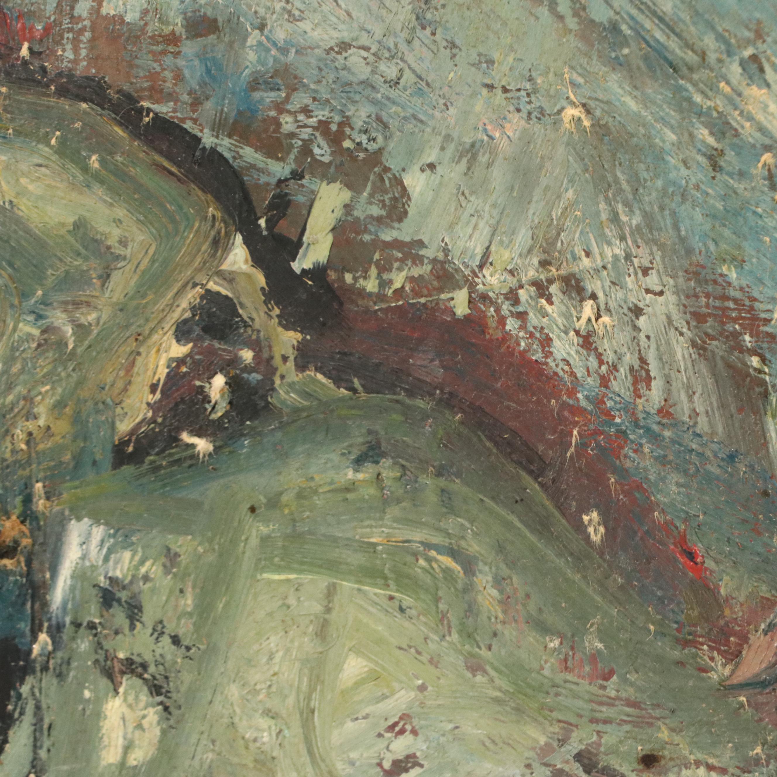 Modernist Painting of Workers in Landscape, Mid-20th Century