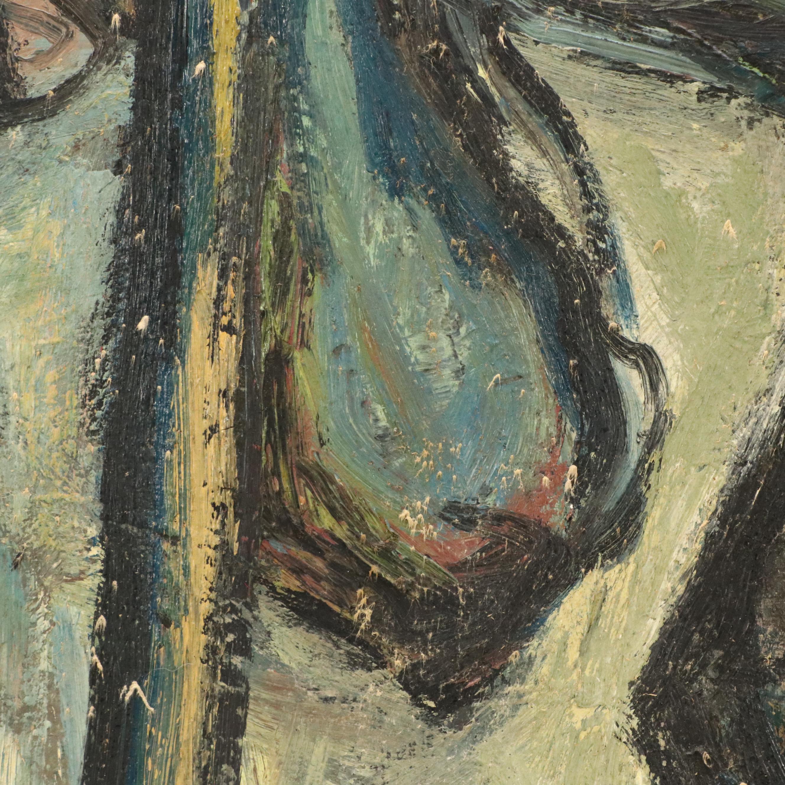 Modernist Painting of Workers in Landscape, Mid-20th Century