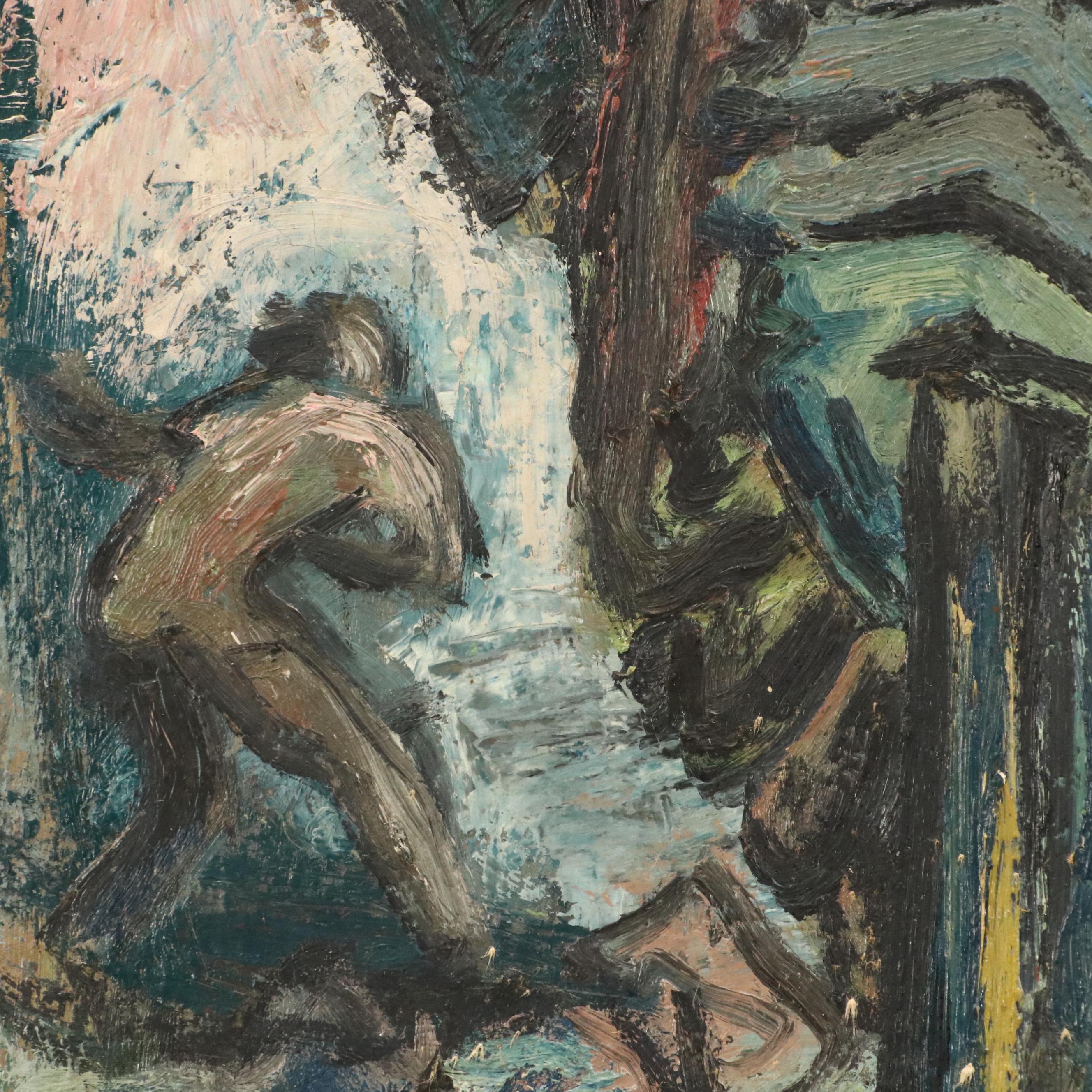 Modernist Painting of Workers in Landscape, Mid-20th Century