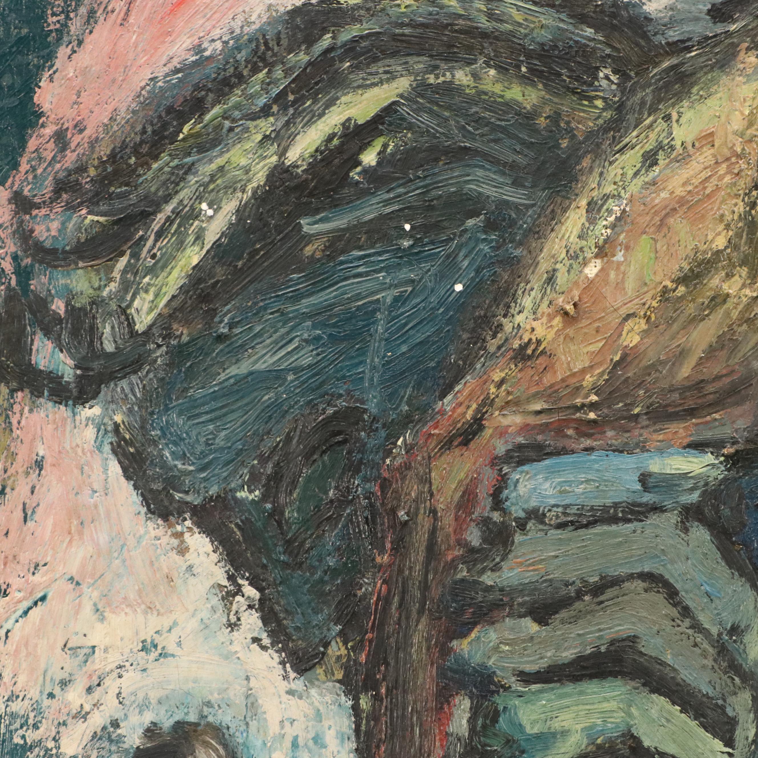 Modernist Painting of Workers in Landscape, Mid-20th Century