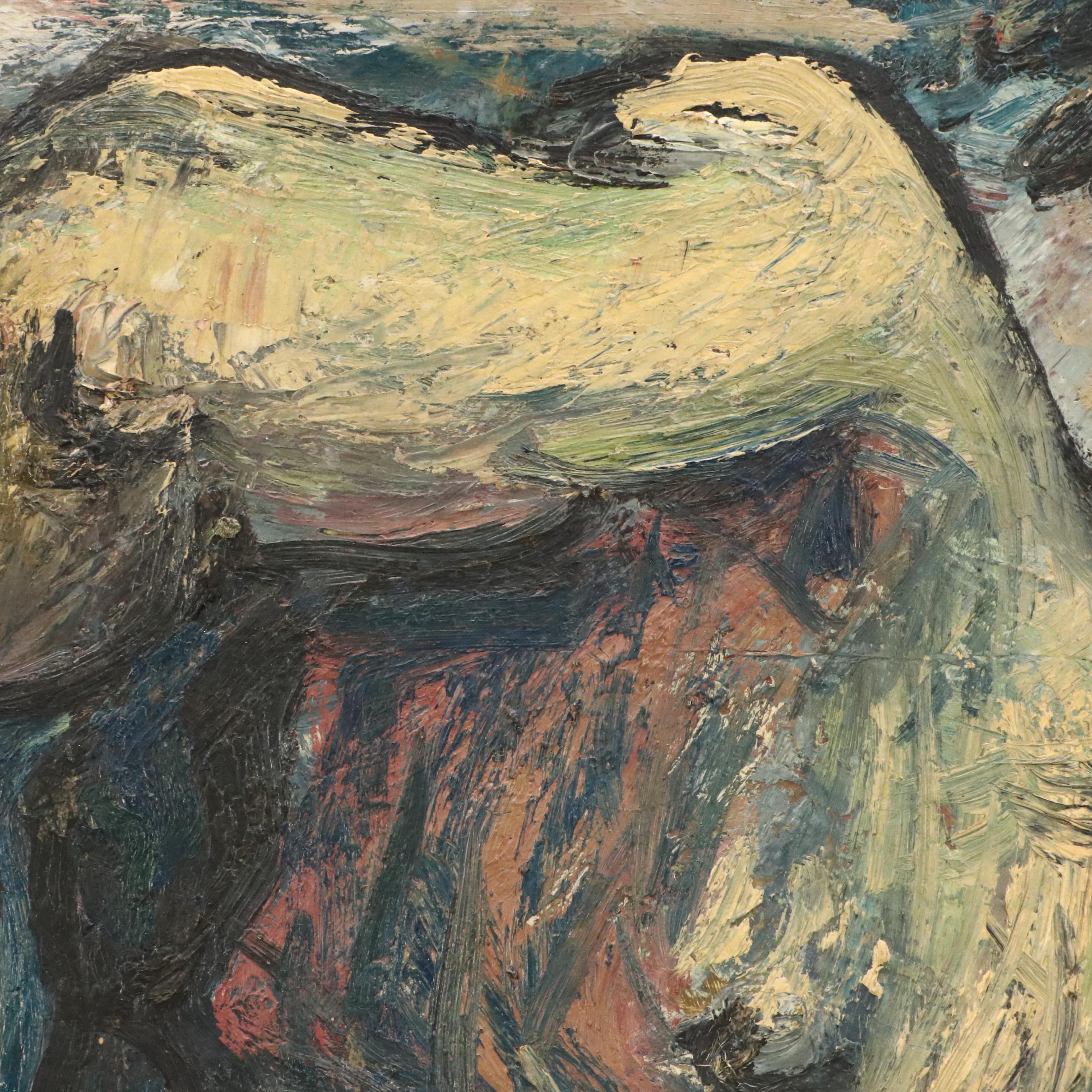 Modernist Painting of Workers in Landscape, Mid-20th Century