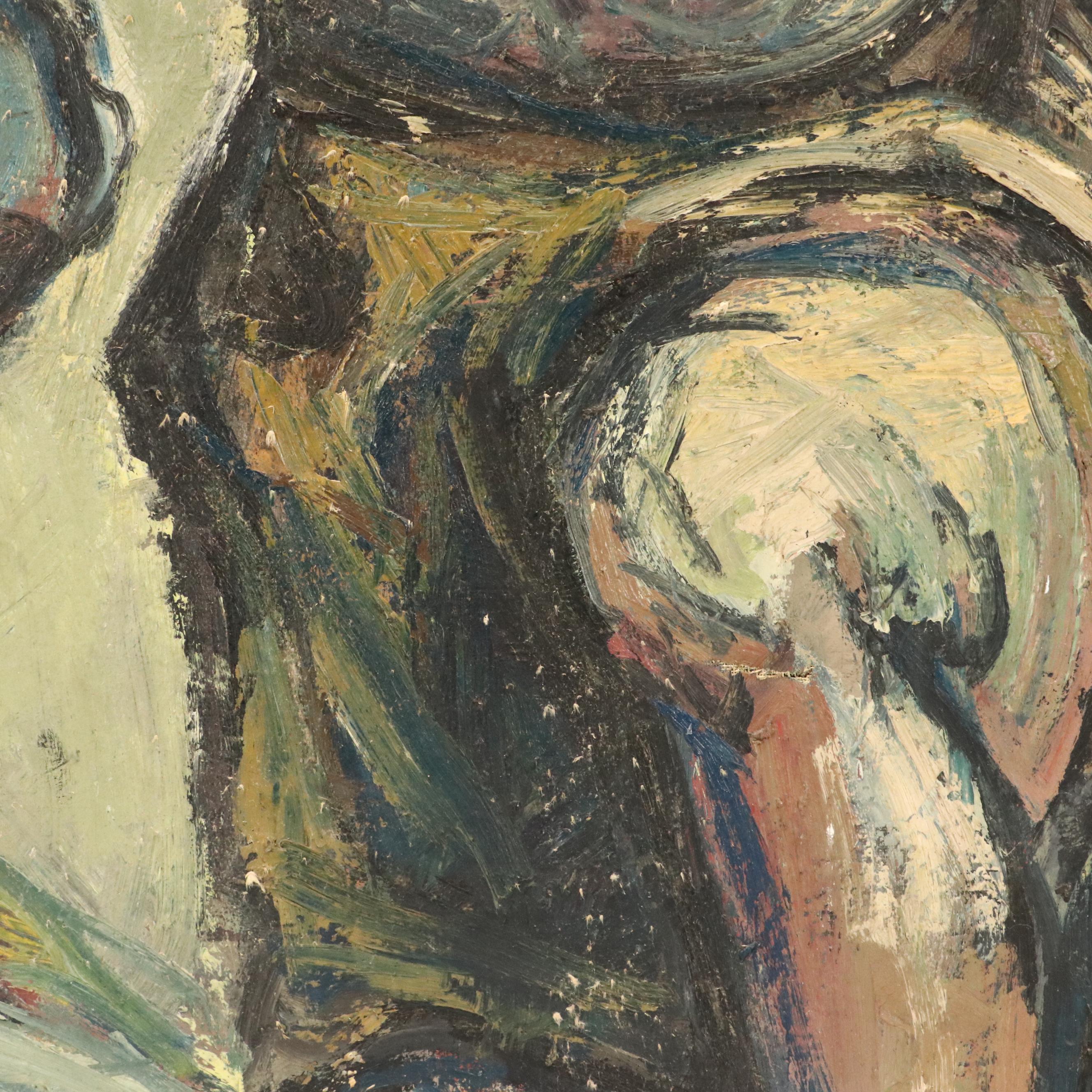 Modernist Painting of Workers in Landscape, Mid-20th Century