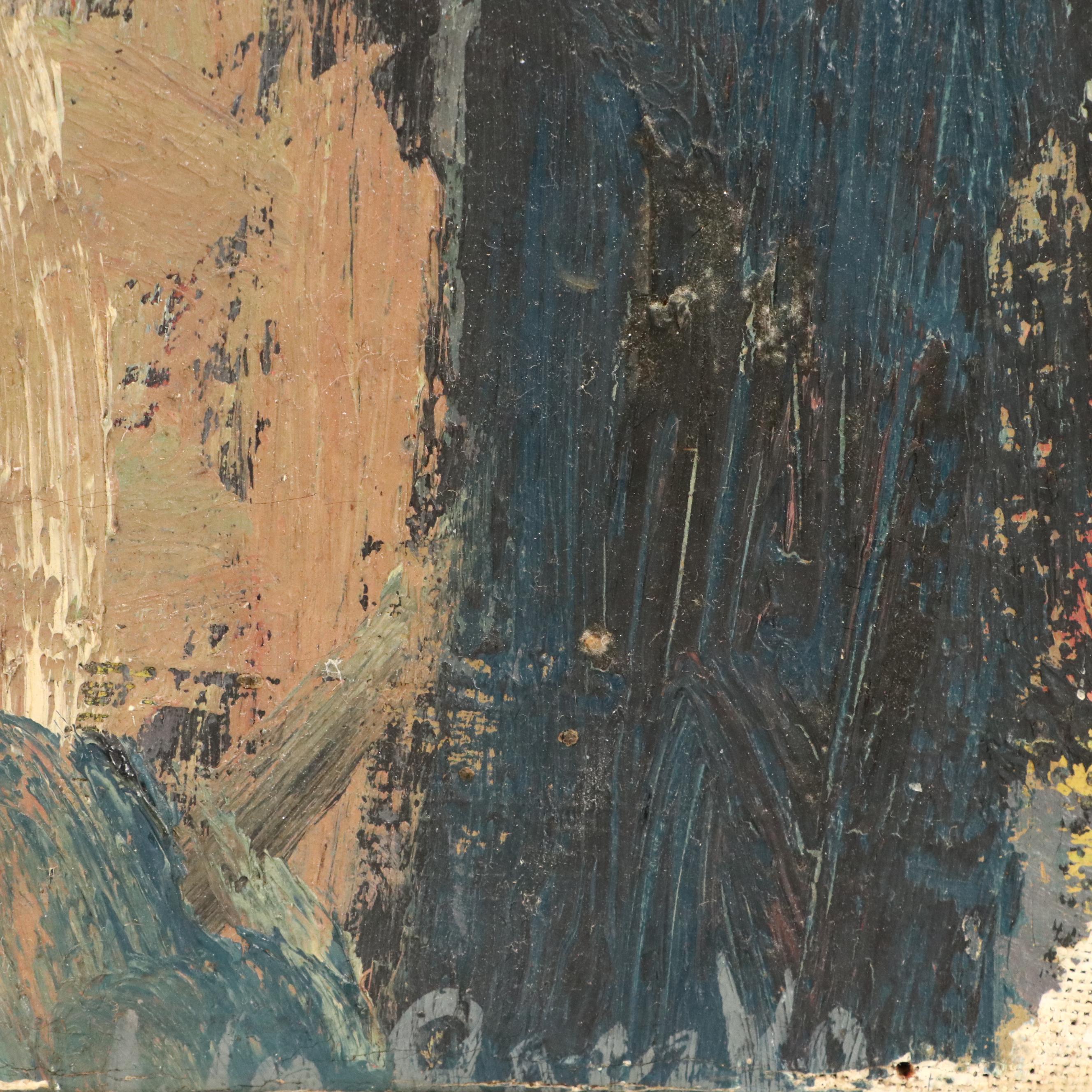 Modernist Painting of Workers in Landscape, Mid-20th Century