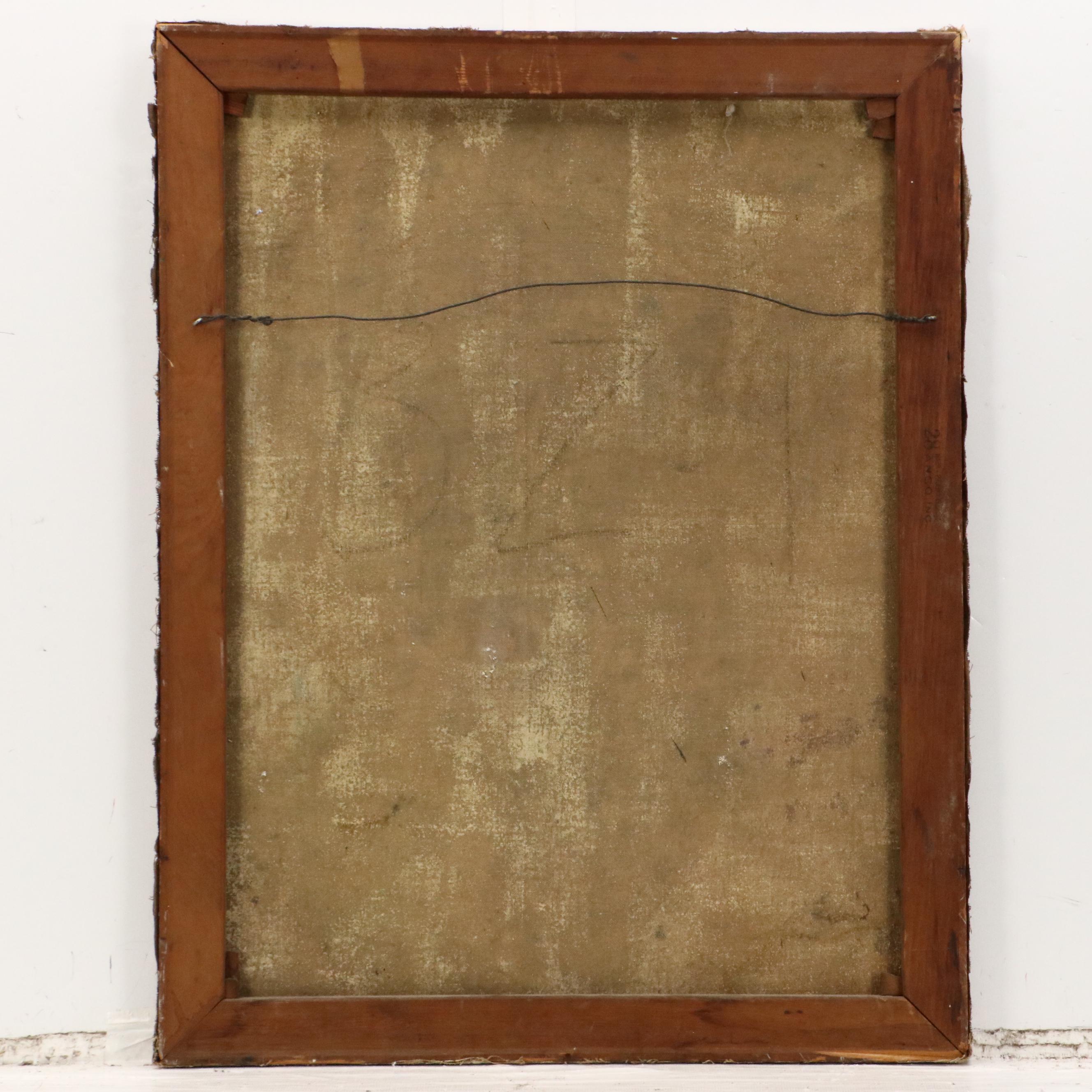 Modernist Painting of Workers in Landscape, Mid-20th Century