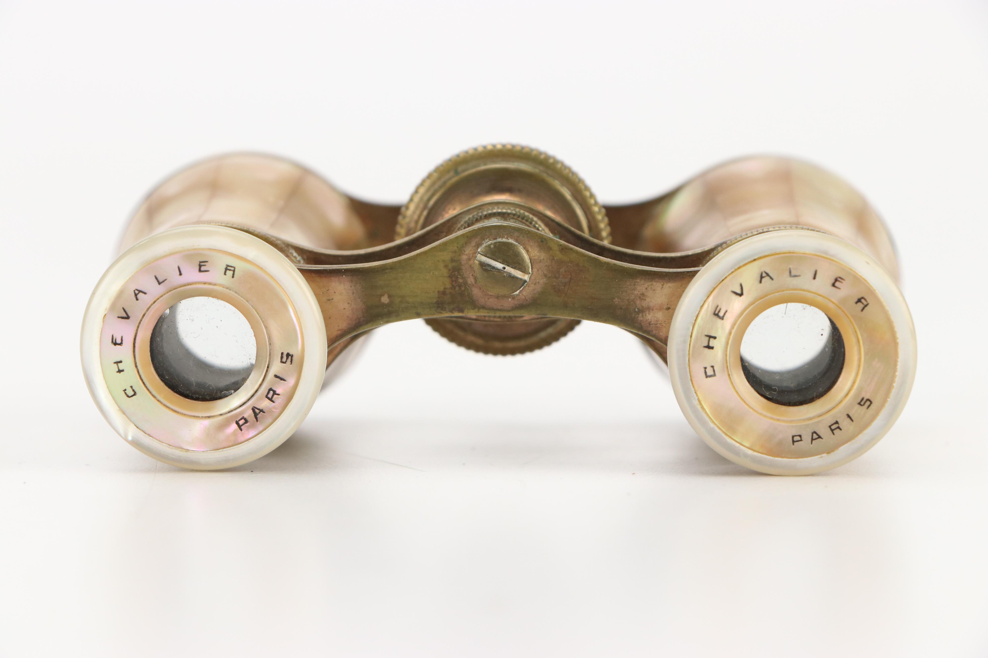Chevalier French Mother-of-Pearl and Brass Opera Glasses with Leather Cases