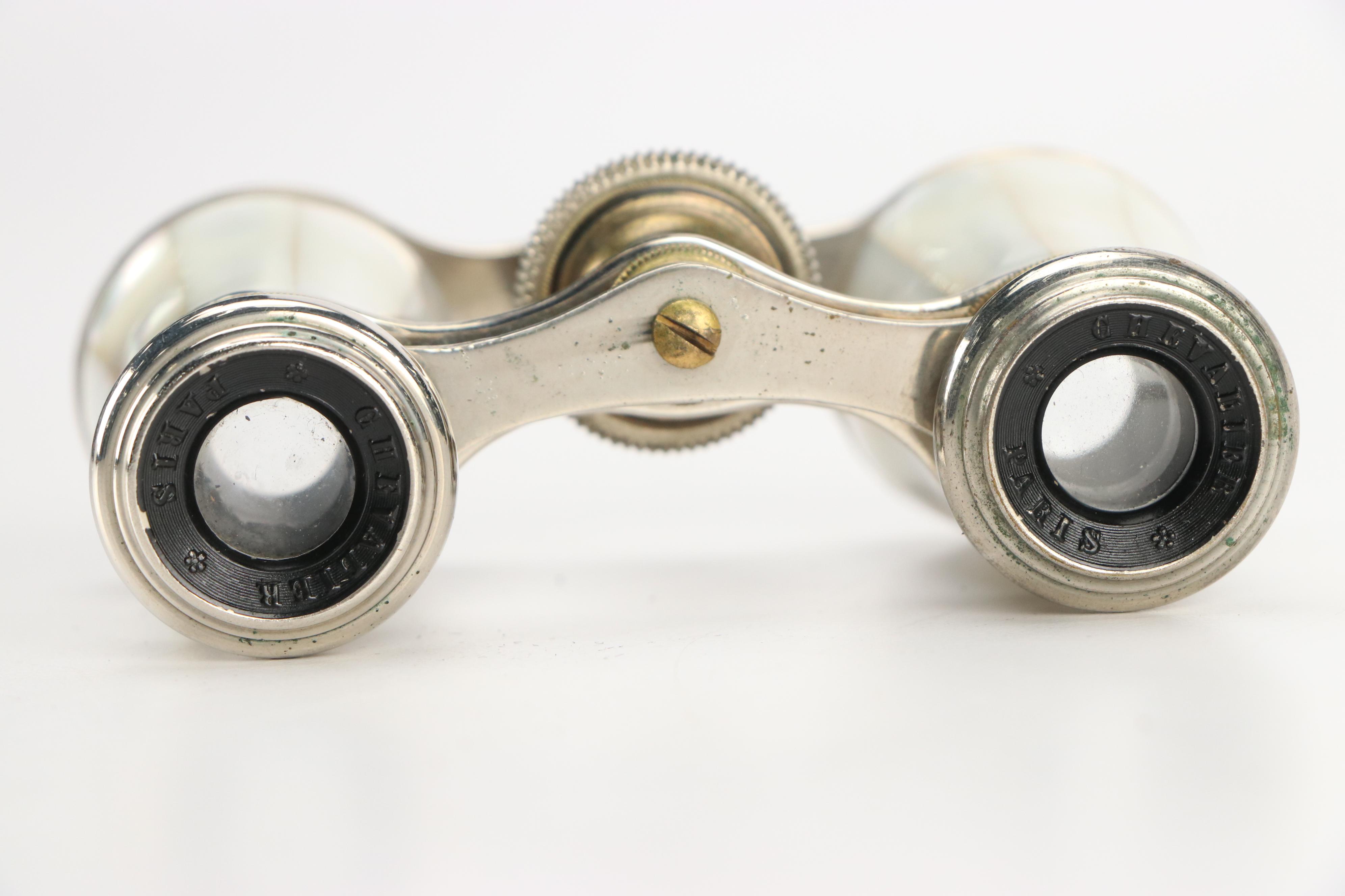 Chevalier French Mother-of-Pearl and Brass Opera Glasses with Leather Cases