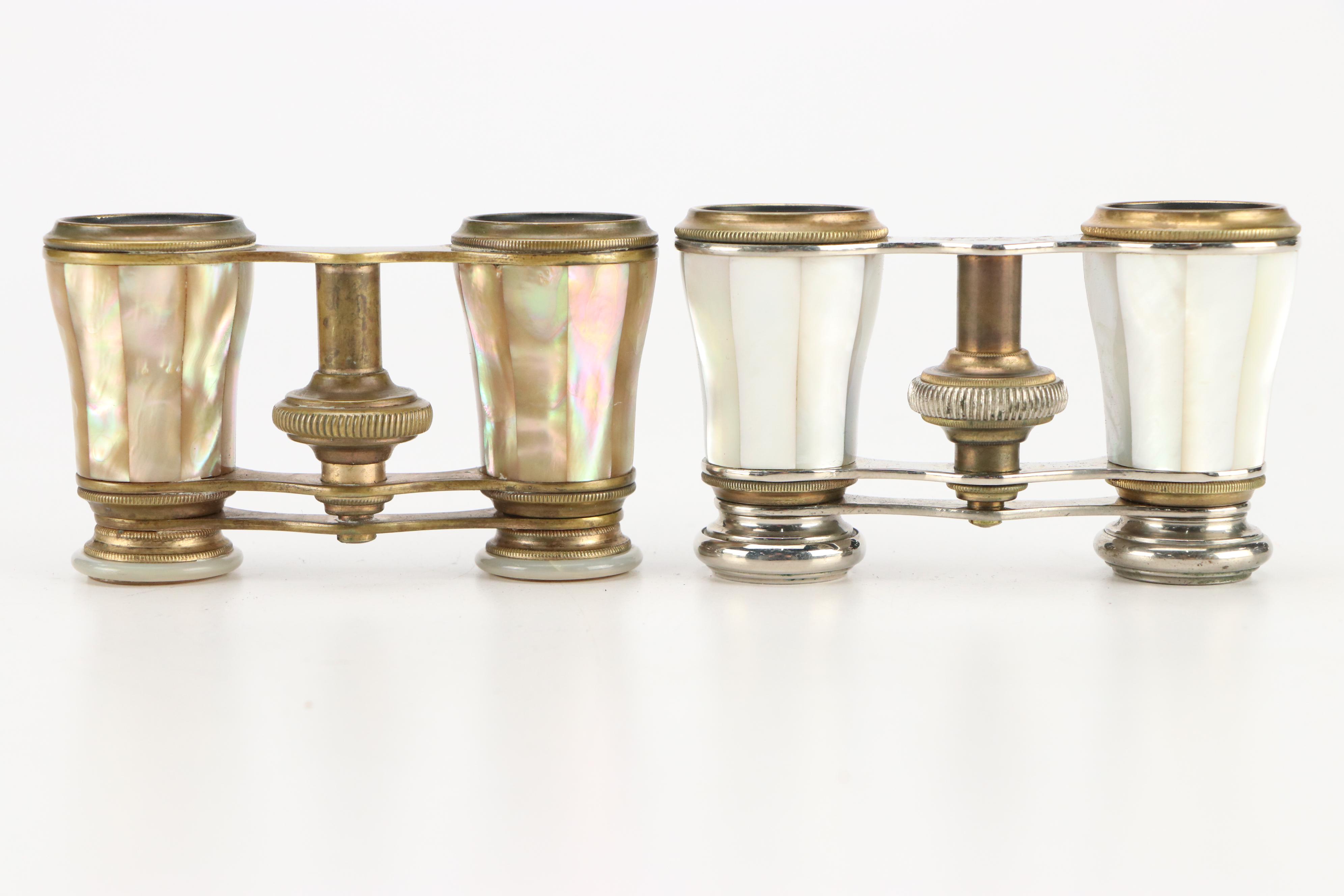 Chevalier French Mother-of-Pearl and Brass Opera Glasses with Leather Cases