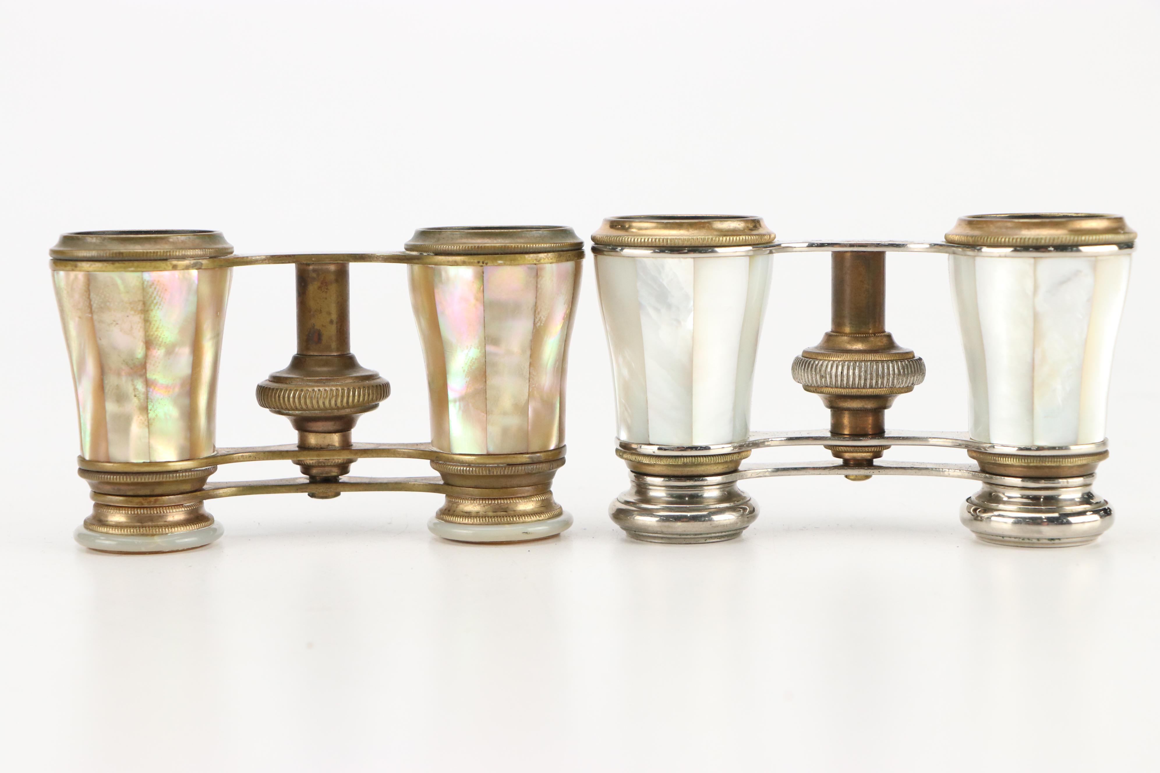 Chevalier French Mother-of-Pearl and Brass Opera Glasses with Leather Cases