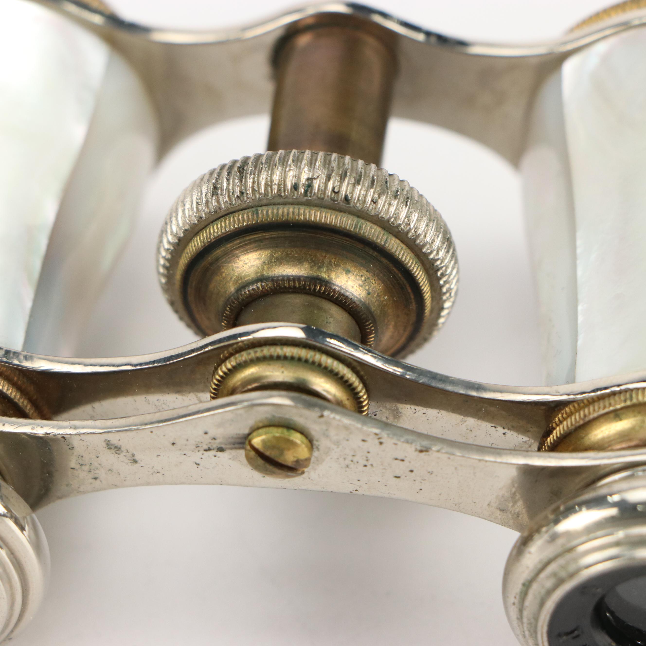 Chevalier French Mother-of-Pearl and Brass Opera Glasses with Leather Cases