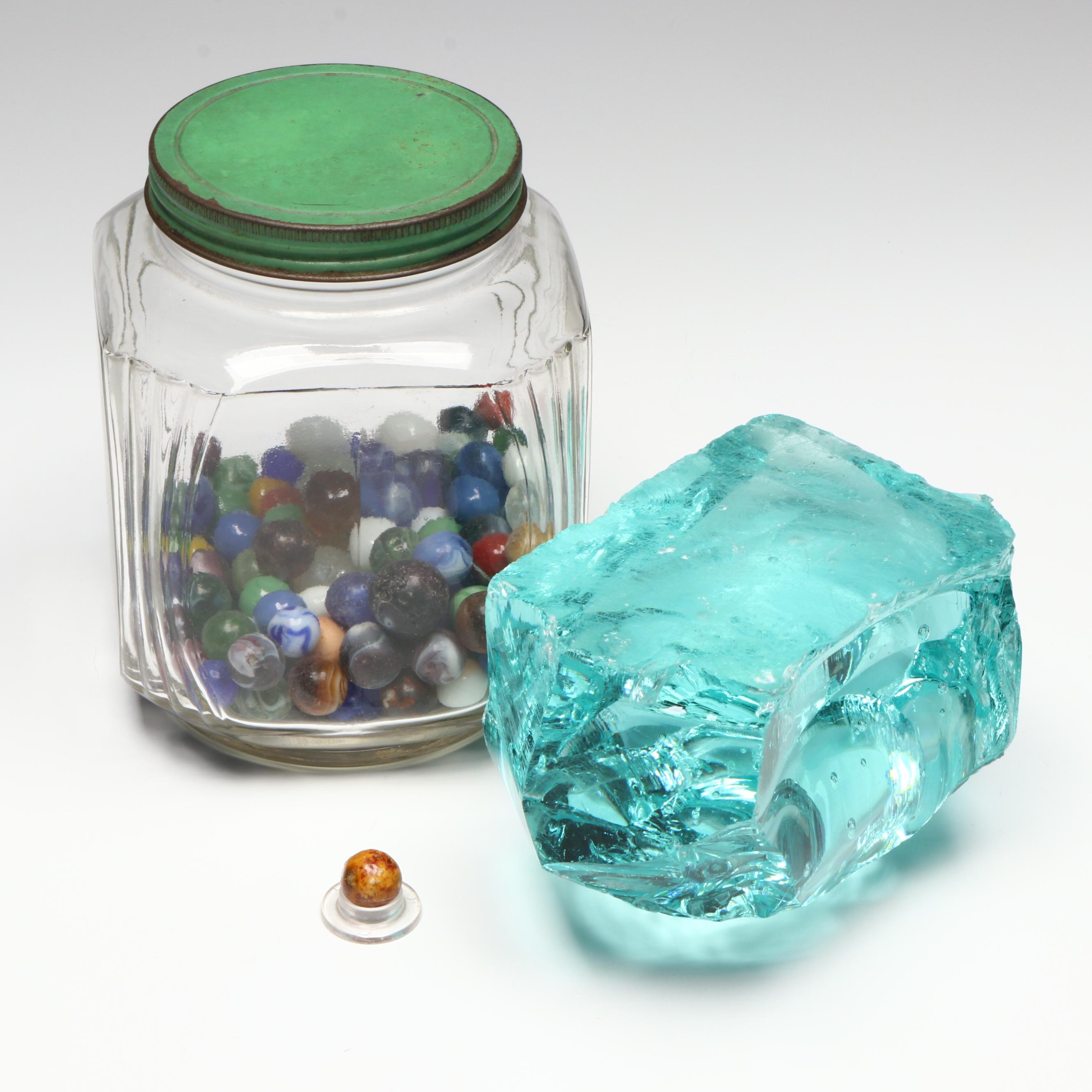 Antique Bennington Clay Marble with Vintage Glass Marbles and Glass Cullet