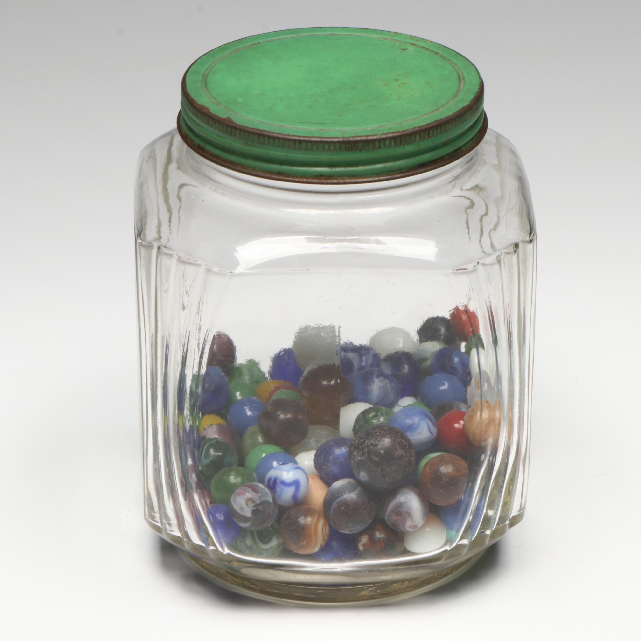 Antique Bennington Clay Marble with Vintage Glass Marbles and Glass Cullet