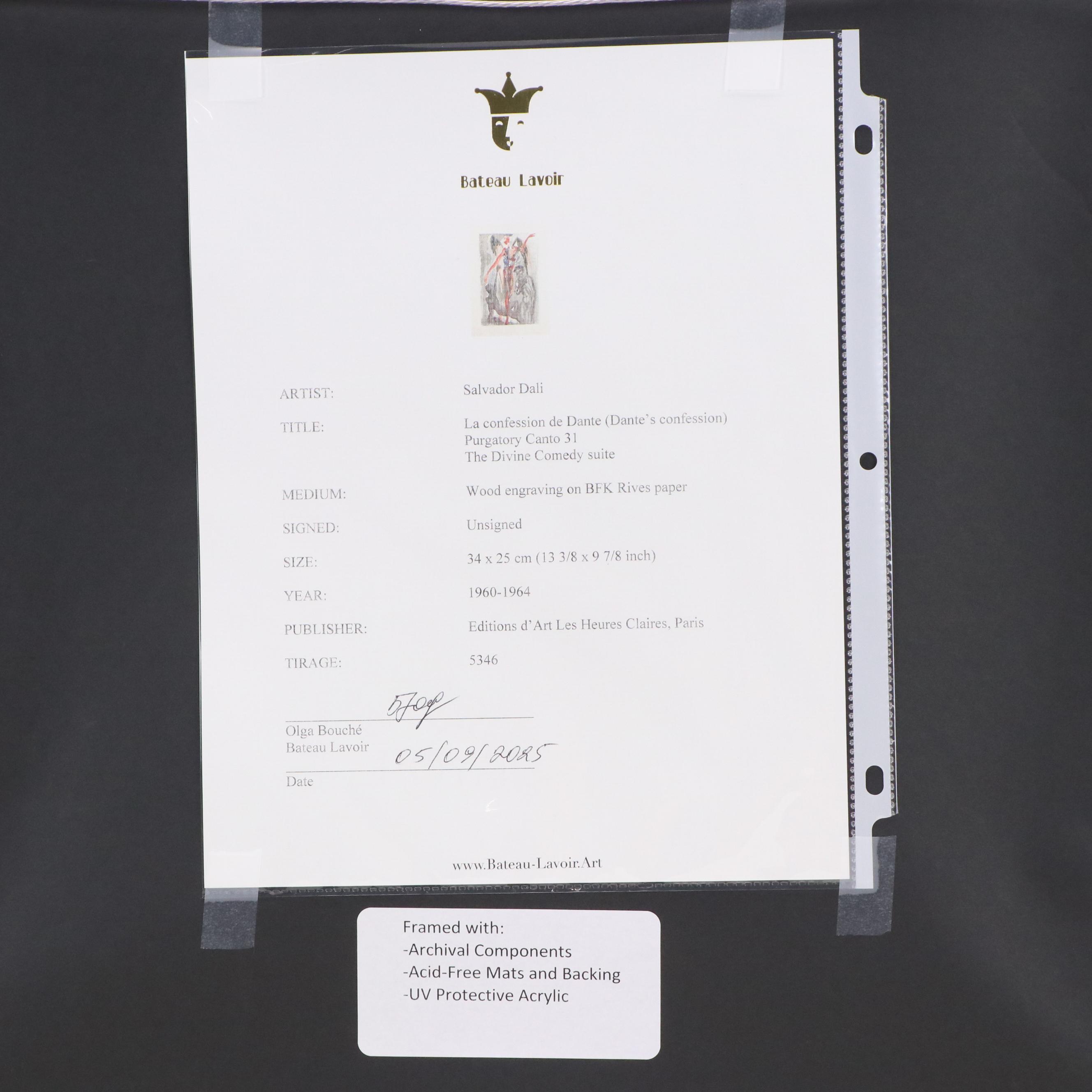 Salvador Dalí Wood Engraving "La Confession de Dante," 1960–1964