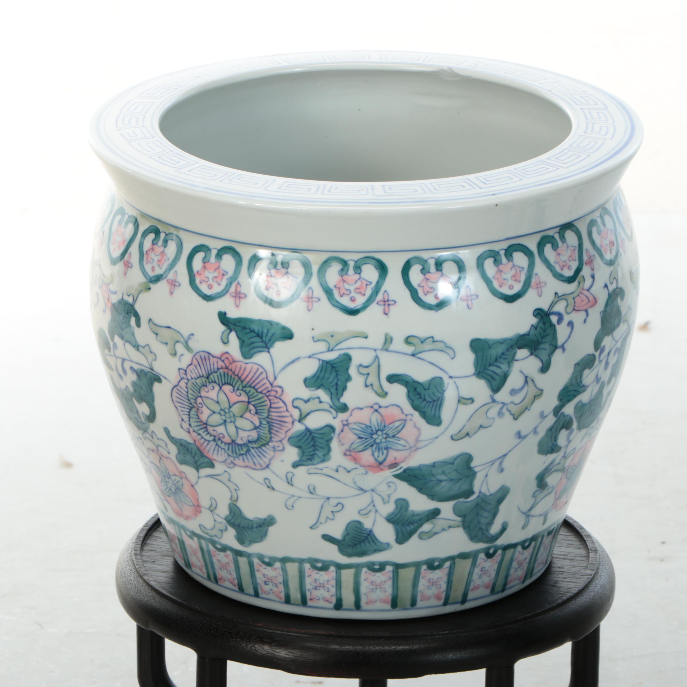 Chinese Porcelain Umbrella Stand with Fishbowl Planter on Wooden Stand