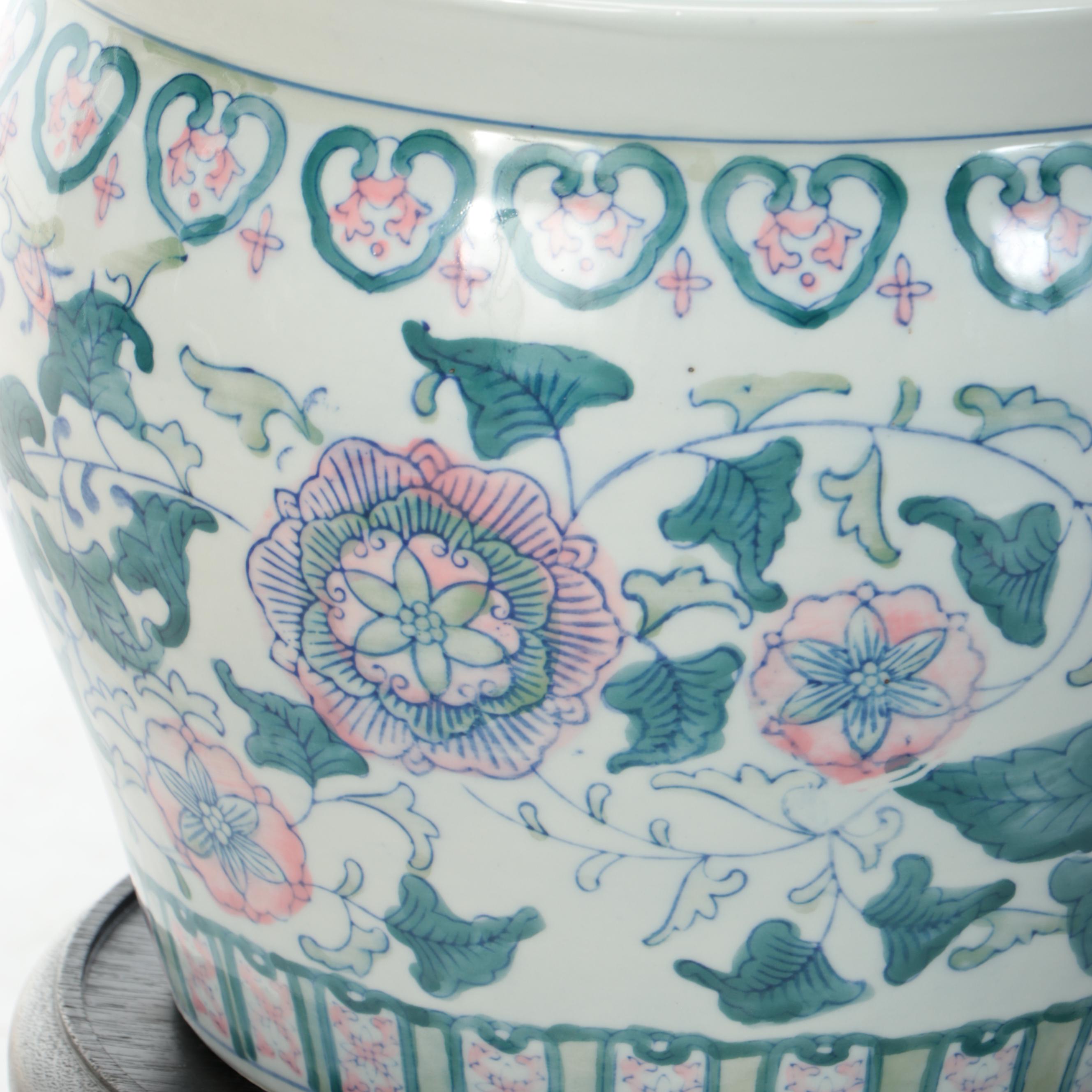 Chinese Porcelain Umbrella Stand with Fishbowl Planter on Wooden Stand