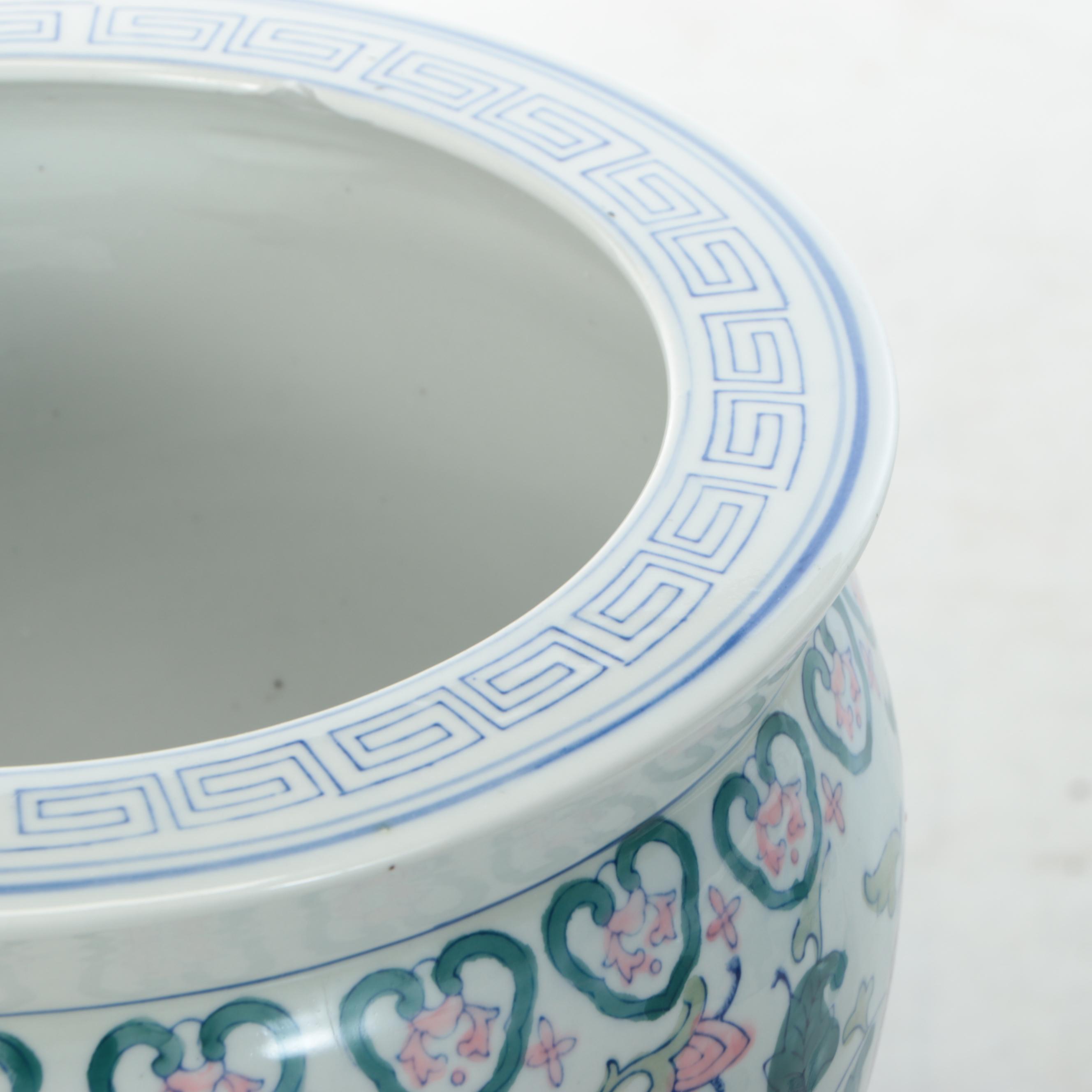 Chinese Porcelain Umbrella Stand with Fishbowl Planter on Wooden Stand