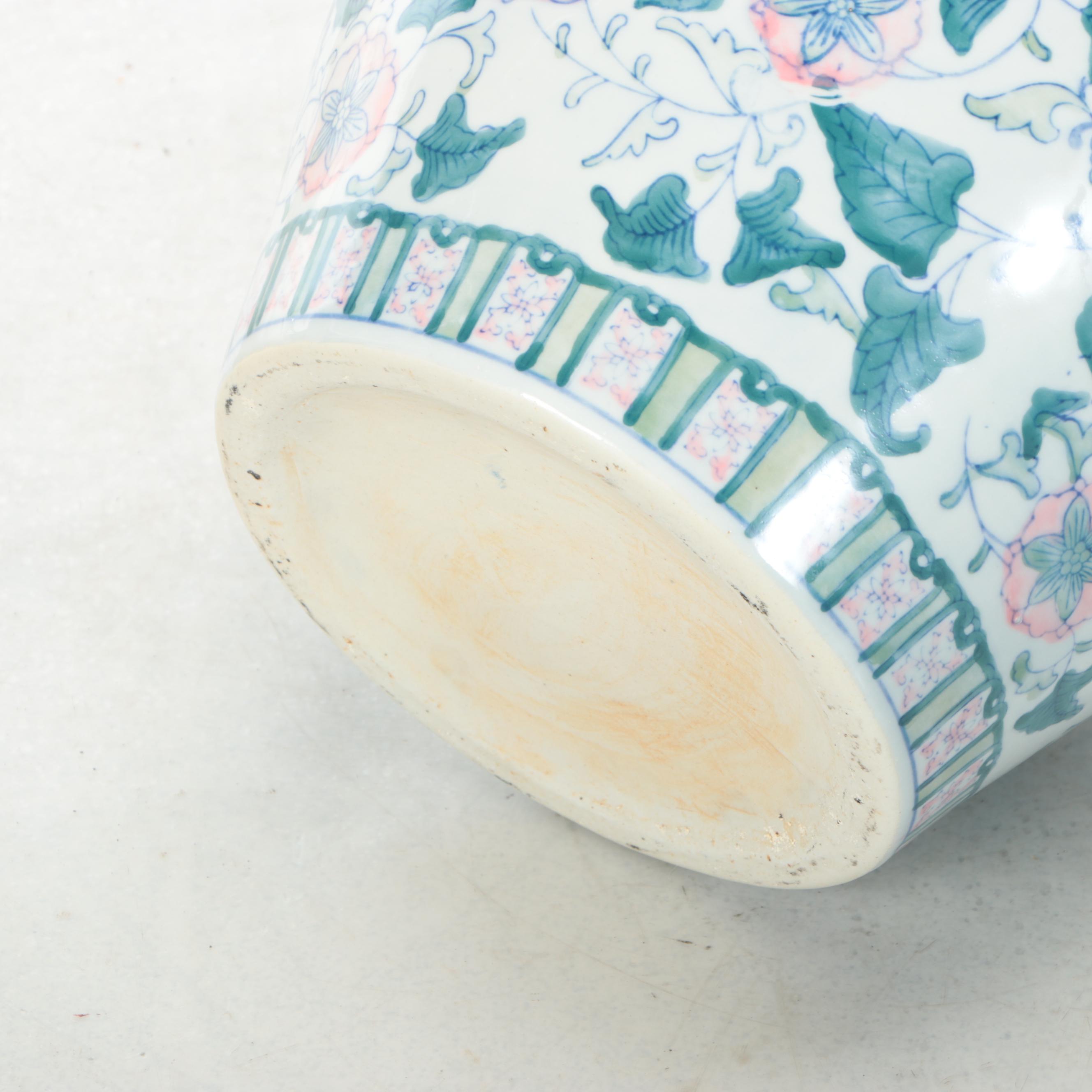 Chinese Porcelain Umbrella Stand with Fishbowl Planter on Wooden Stand
