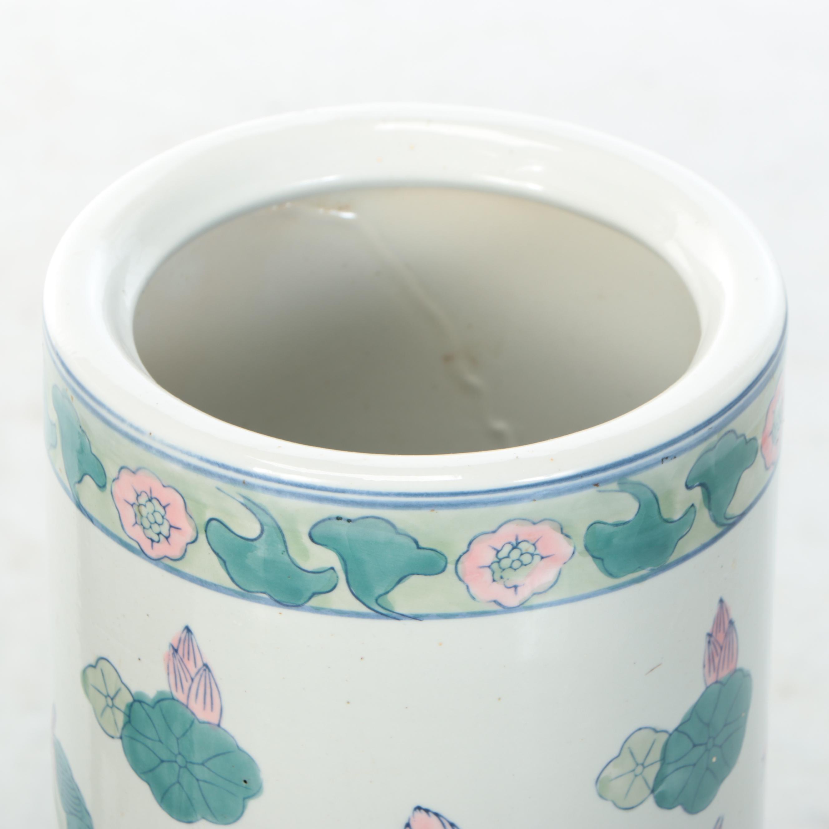 Chinese Porcelain Umbrella Stand with Fishbowl Planter on Wooden Stand