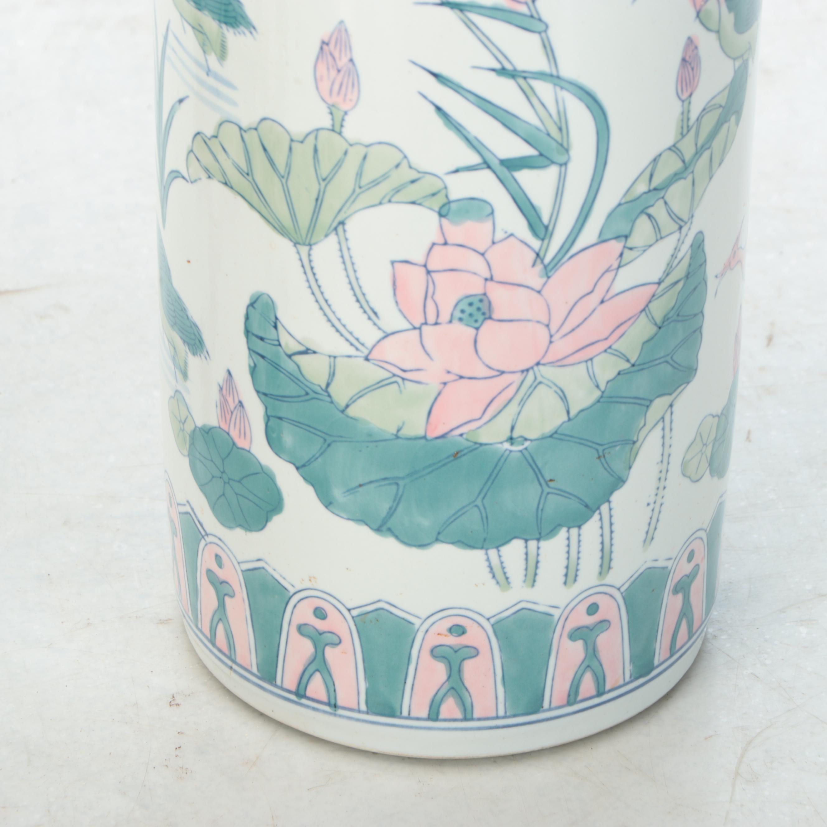 Chinese Porcelain Umbrella Stand with Fishbowl Planter on Wooden Stand