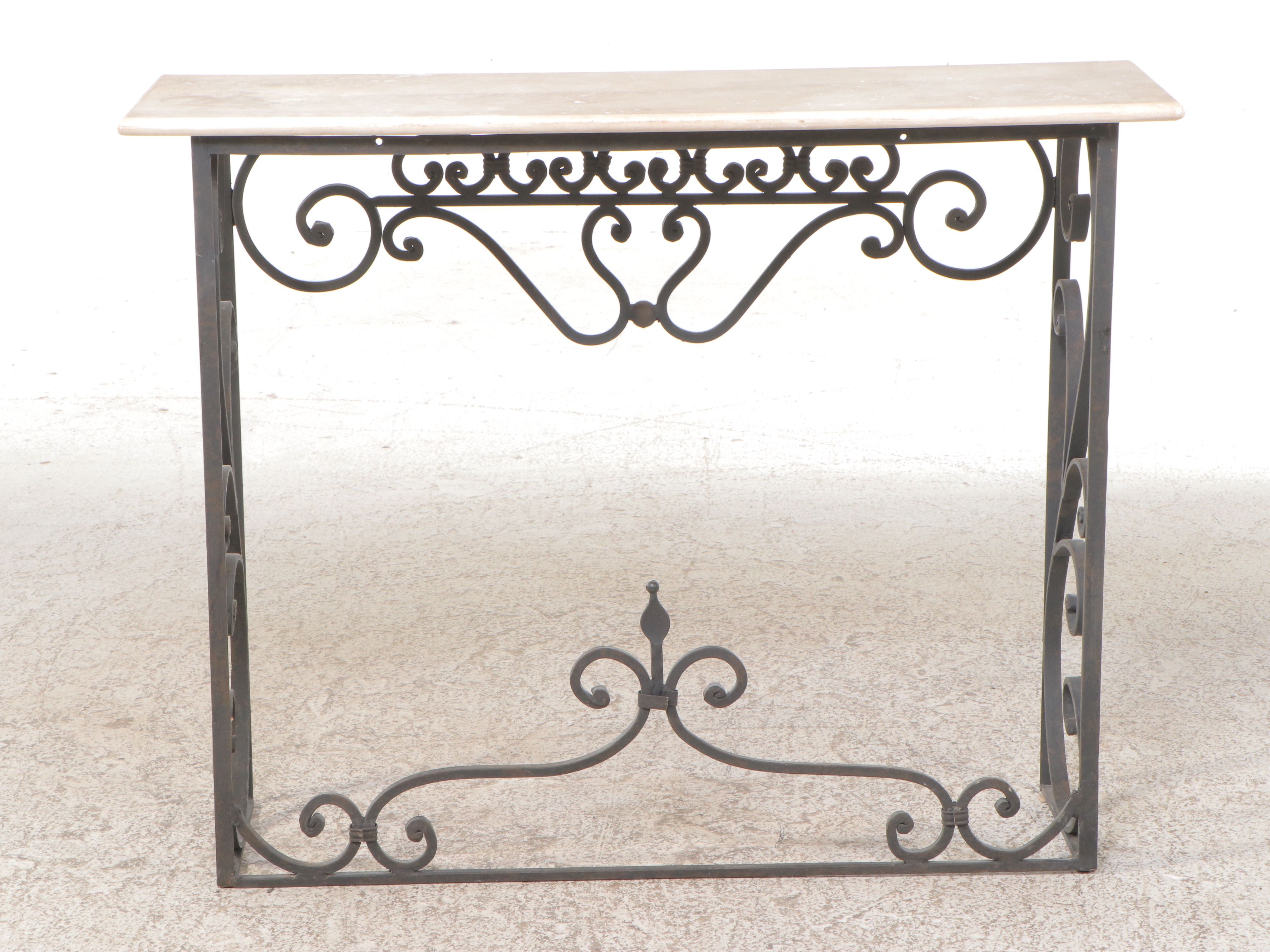 Art Nouveau Style Scrolled Metal Stone Top Console Table