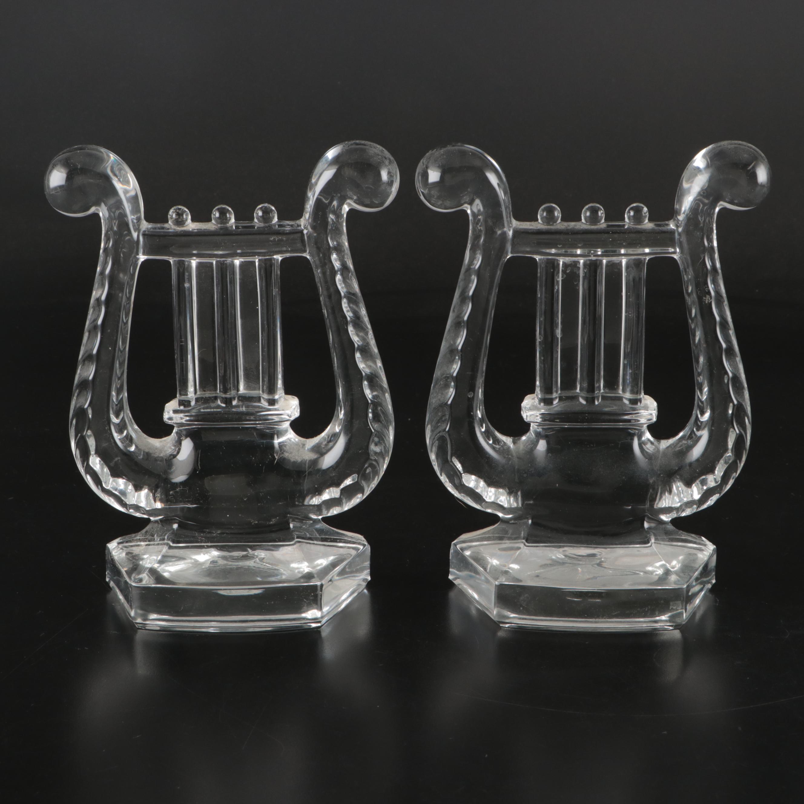 Fostoria "Lyre" Clear Glass Bookends, Mid-20th Century
