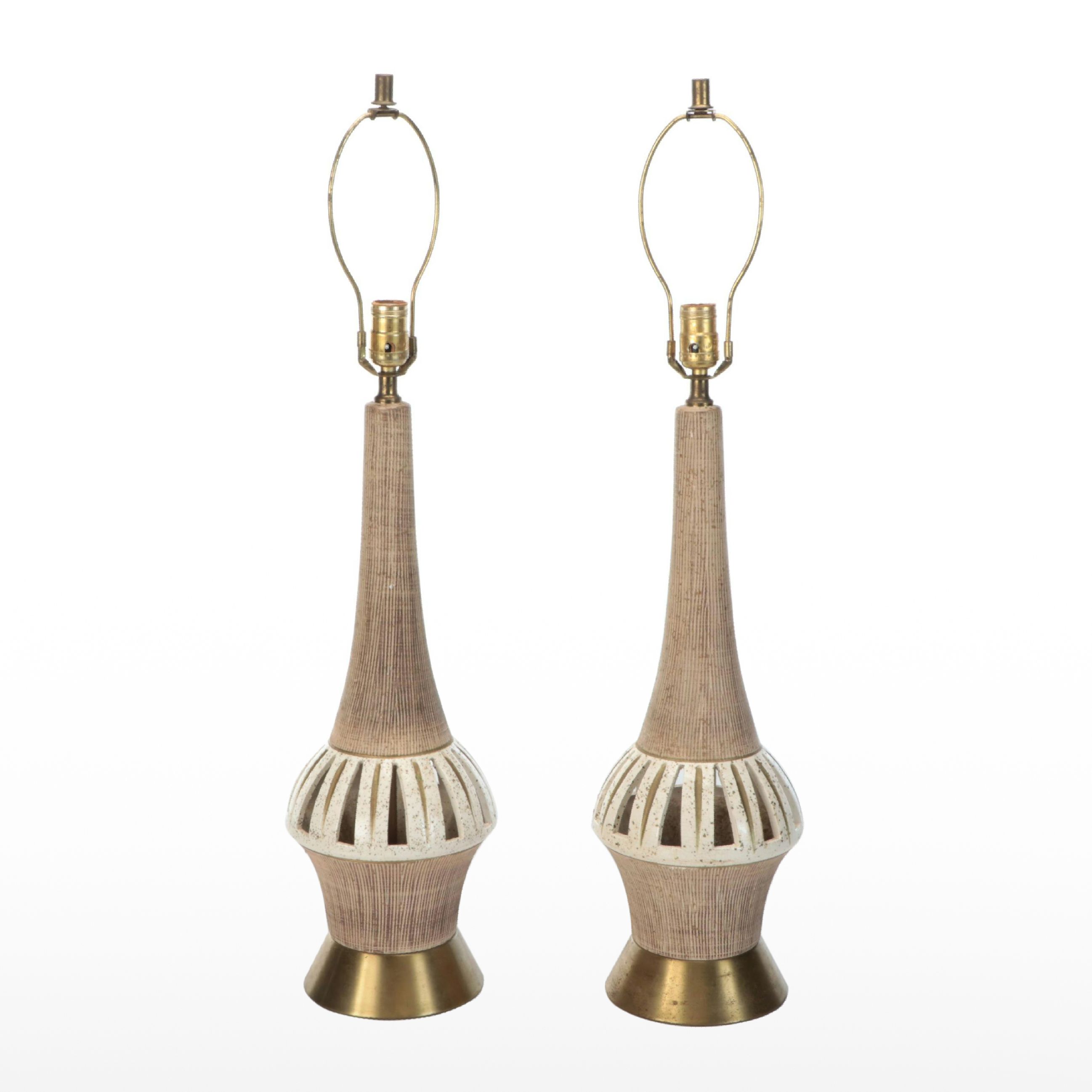 Pair of Mid Century Modern Reticulated Ceramic and Metal Table Lamps