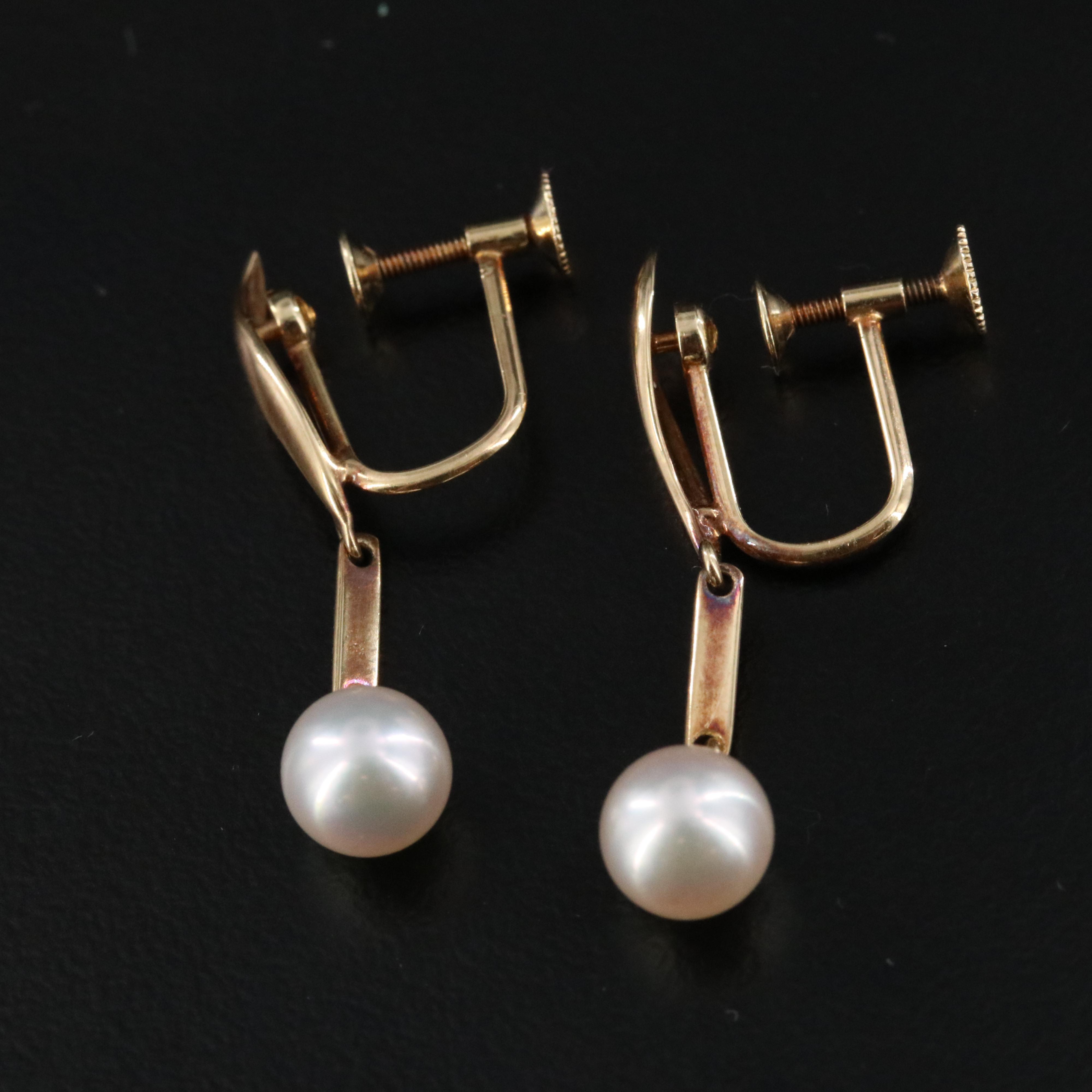 Mikimoto 14K Pearl Screw Back Drop Earrings